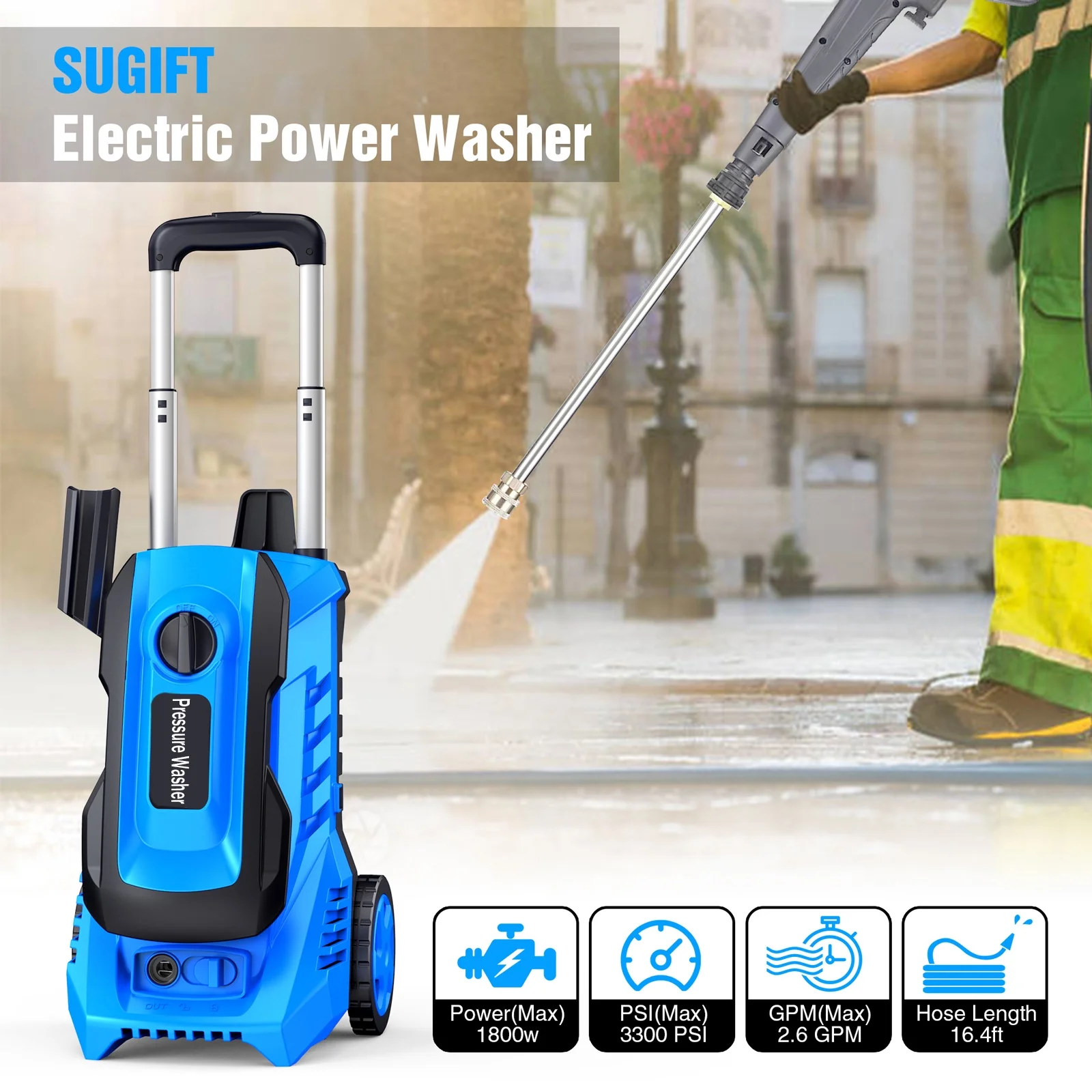 Vebreda Electric Pressure Washer 3300PSI 2.0GPM Power Washers Electric Powered, 1800W, Blue