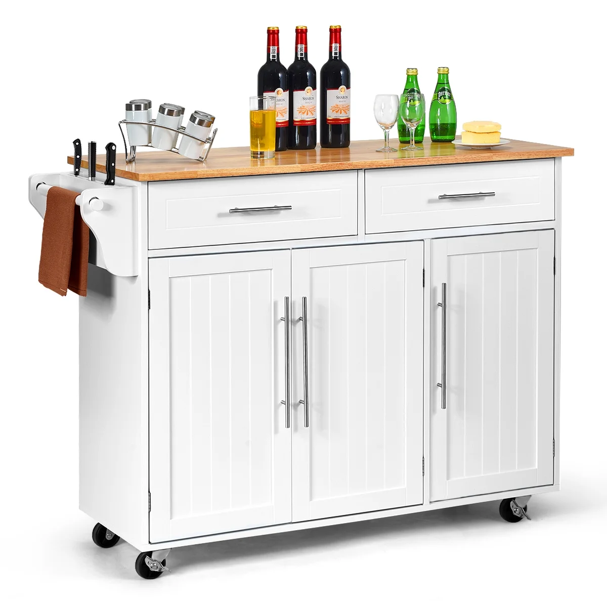 Costway Kitchen Island Trolley Cart Wood Top Rolling Storage Cabinet w/Knife Block White