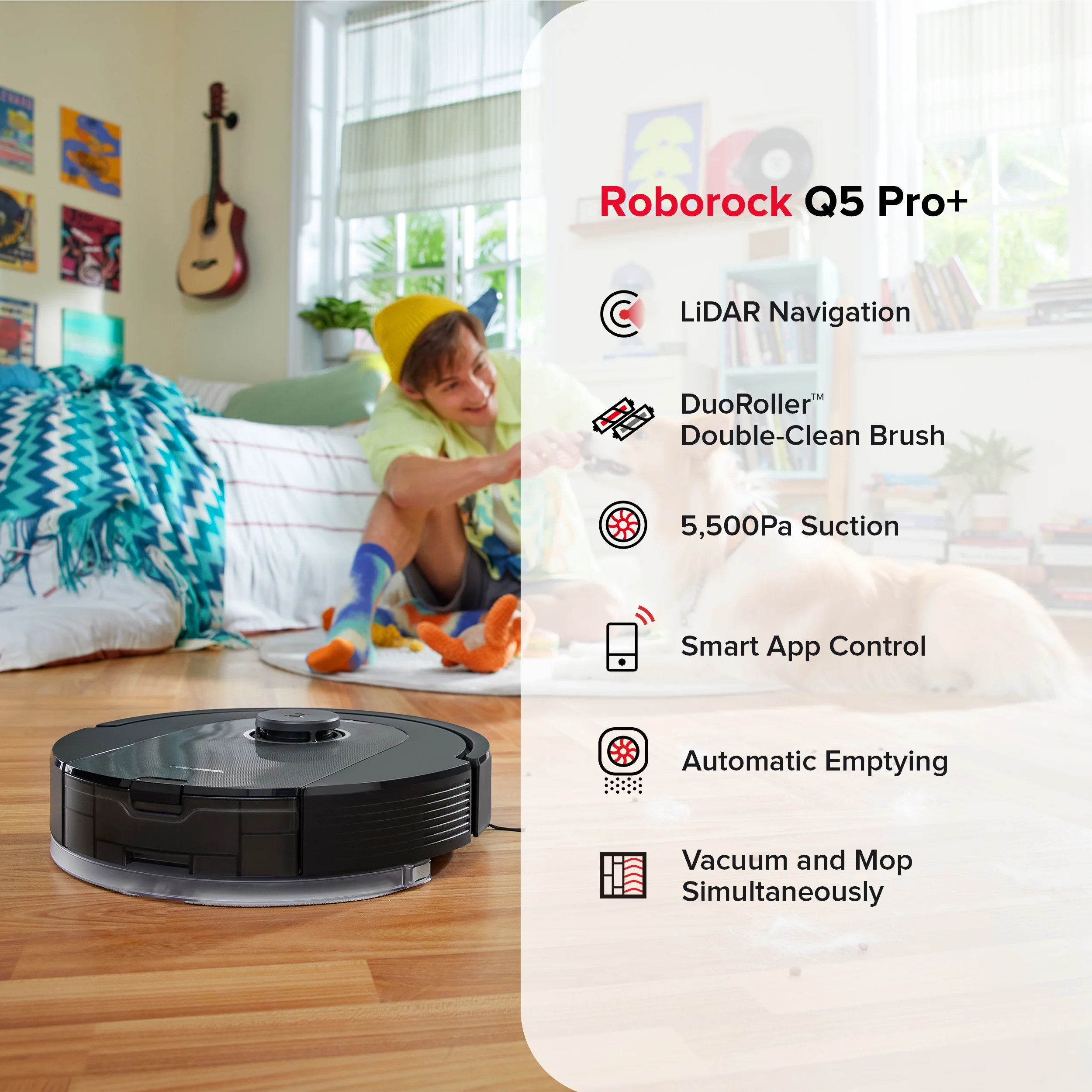 Roborock® Q5 Pro+ Robot Vacuum and Mop with Auto-Empty Dock, 770ml Large Dustbin for Pet Hair