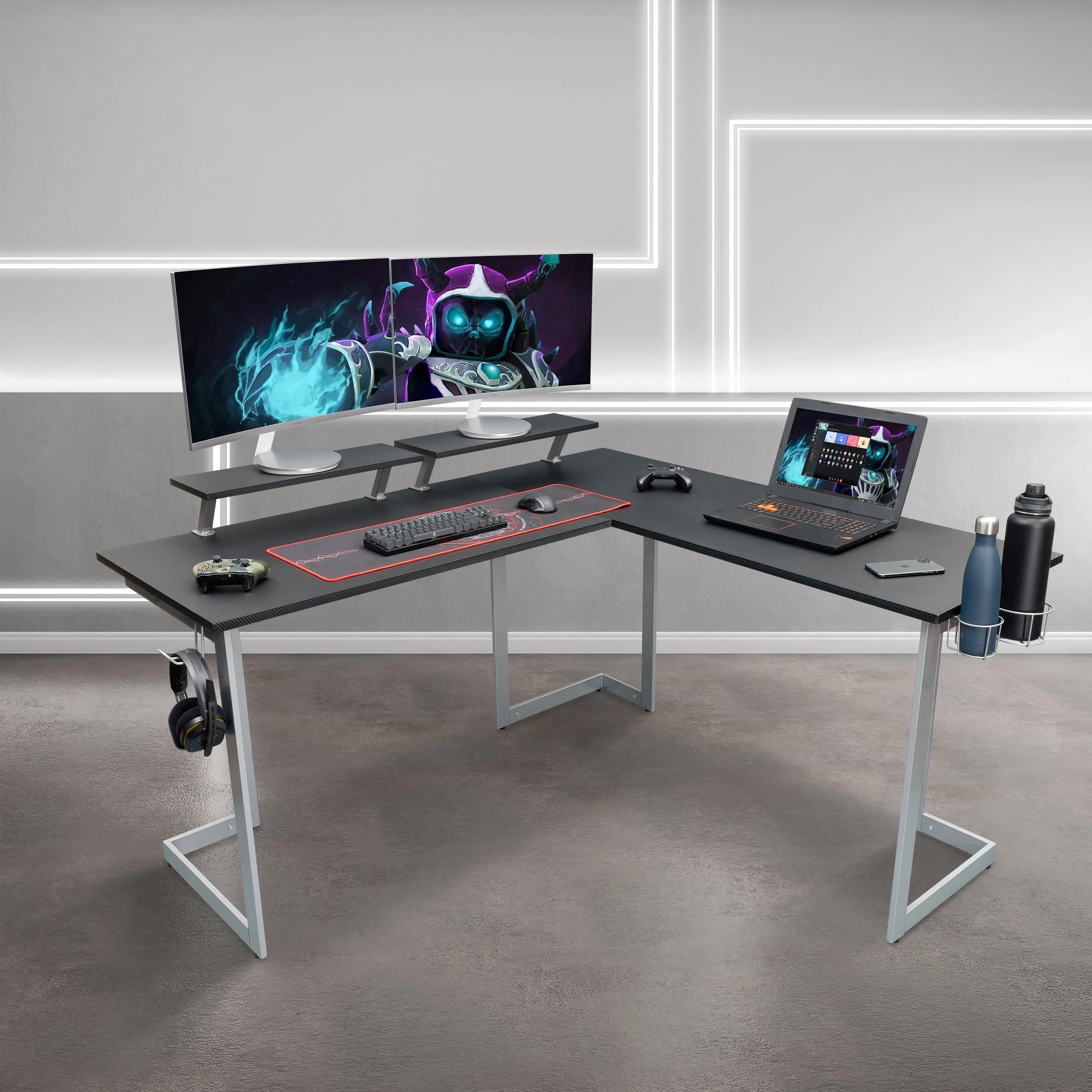 Techni Sport Warrior L-Shaped Gaming Desk with Headphone Holder and Shelving, Black RTA-TS220L-BK