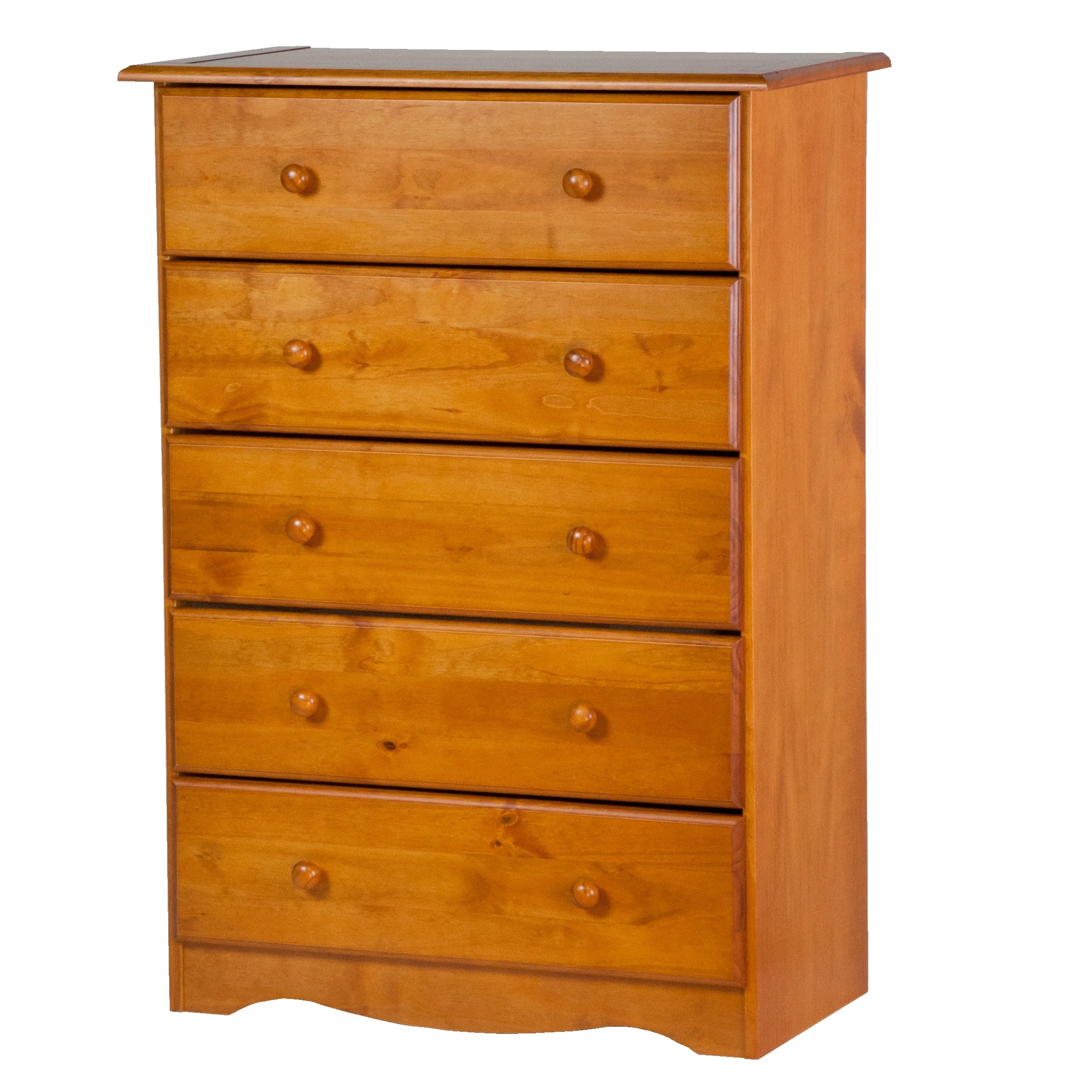 Palace Imports 100% Solid Wood 5-Drawer Chest with Metal or Wooden Knobs Honey Pine Stained Medium Wood