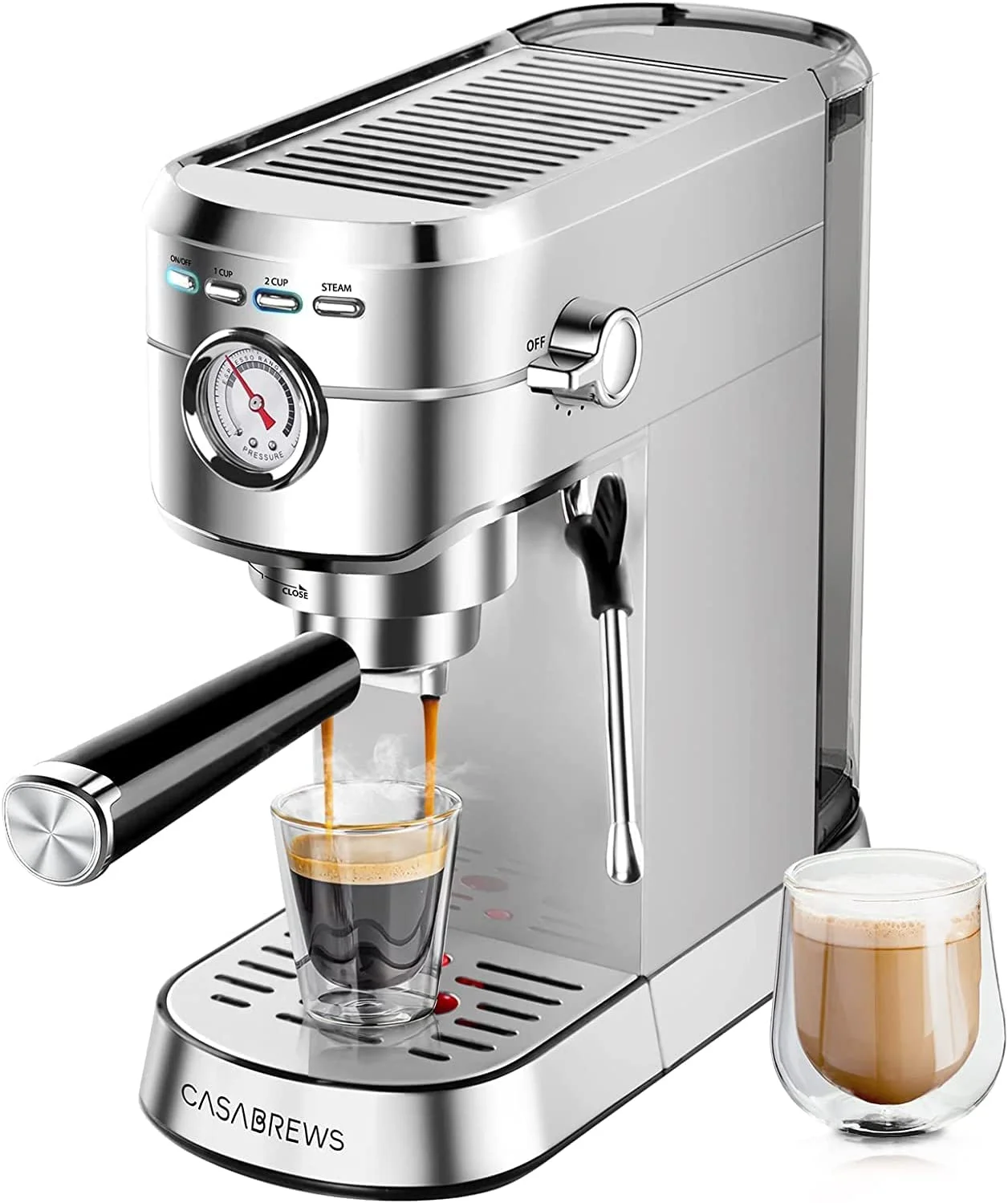 Casabrews 20 Bar Espresso Machine with Milk Frother Steam Wand, 34oz Water Tank, Stainless Steel, Silver