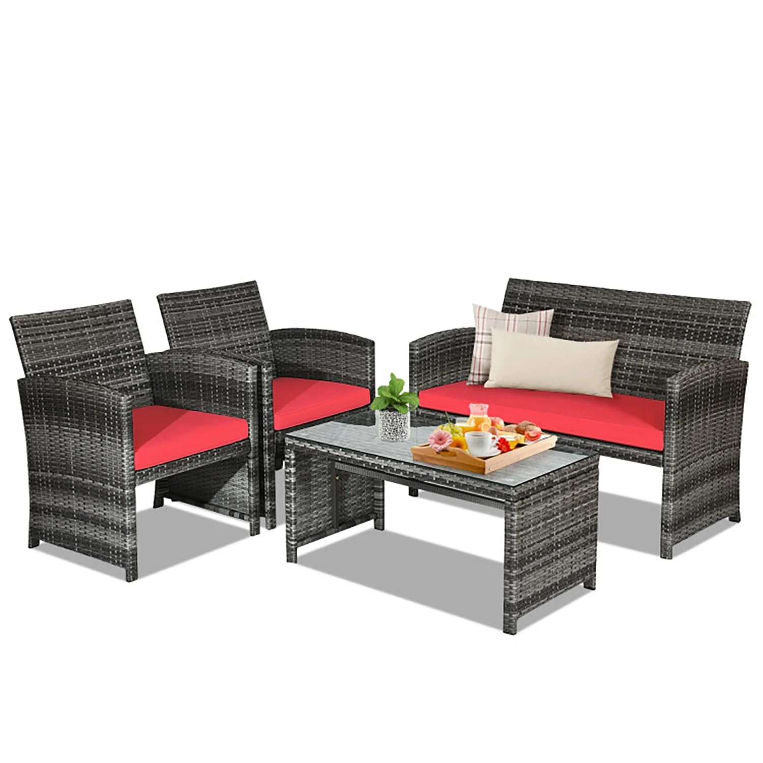 Yardi Yard 4 Pieces Patio Rattan Furniture Set, Outdoor Patio Furniture with Cushions-Red