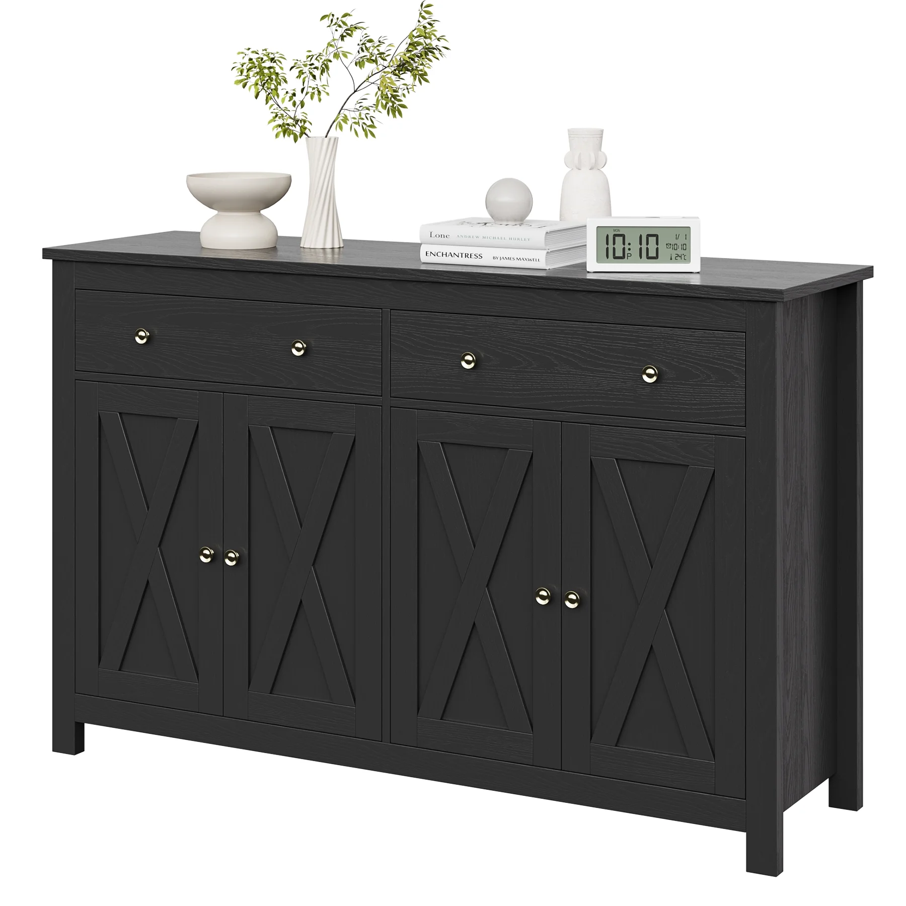 Homfa 4-Doors 2-Drawers Farmhouse Storage Cabinet, Wood Sideboard with Adjustable Shelves, Black