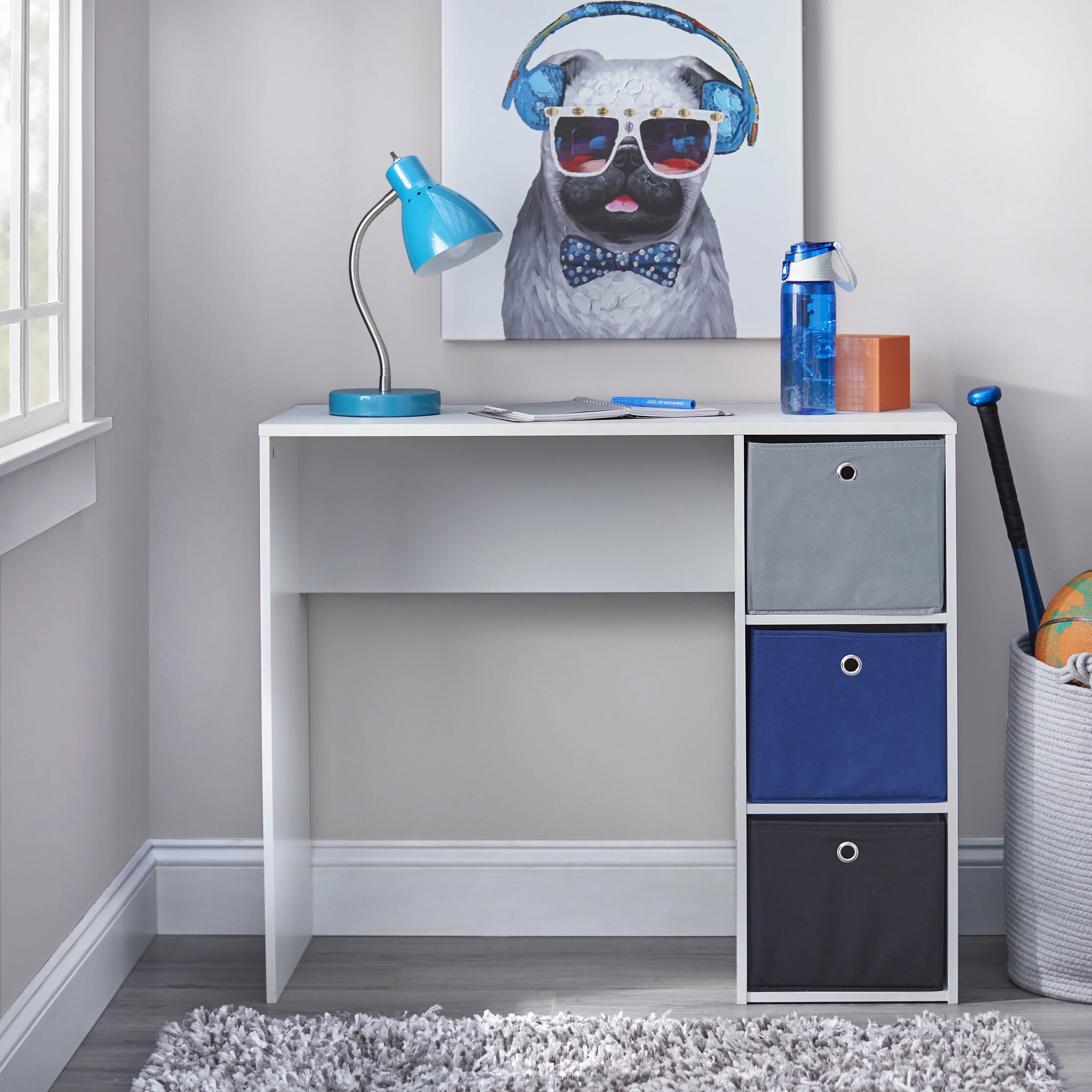 TMS Kids Study Desk with Three Foldable Wood Fabric Storage Bins, White/Blue/Black/Gray