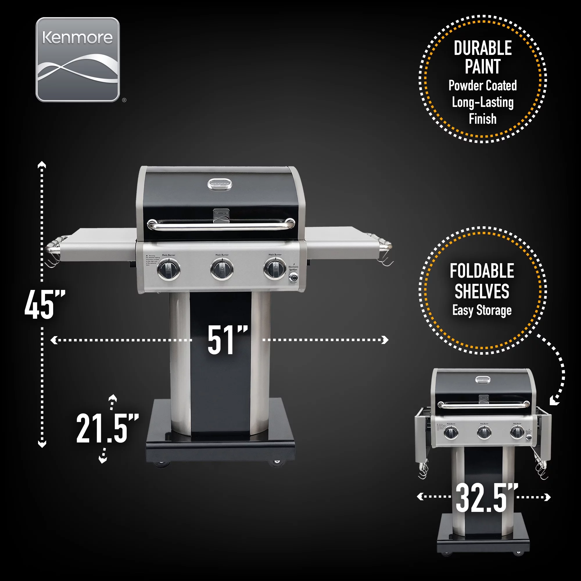 Kenmore 3-Burner Gas Grill, Outdoor BBQ Grill, Propane Grill with Foldable Side Tables, Black