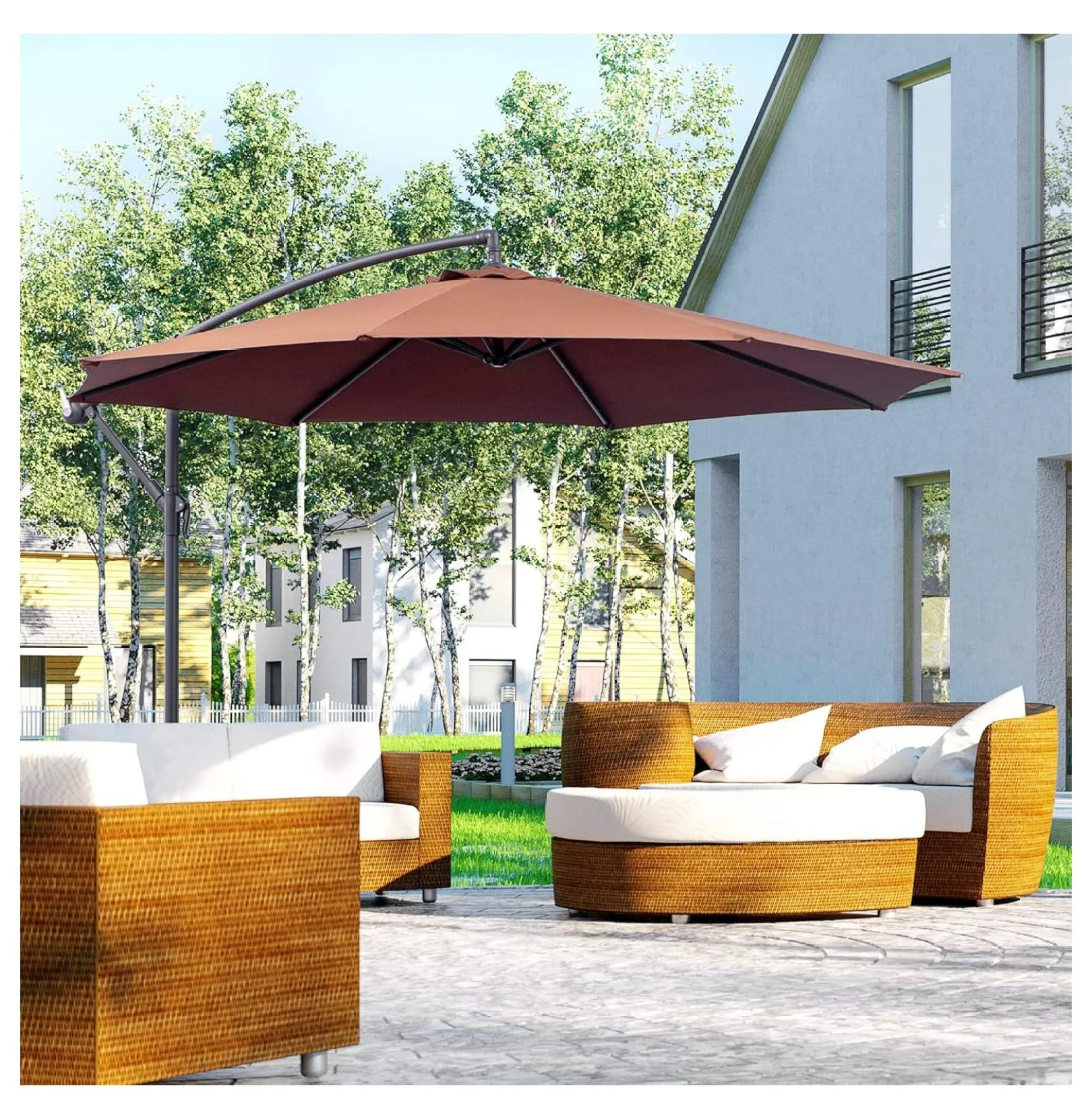 ZHI-22 10' Cantilever Hanging Tilt Offset Patio Umbrella with UV & Water Fighting Material and a Sturdy Stand, Brown