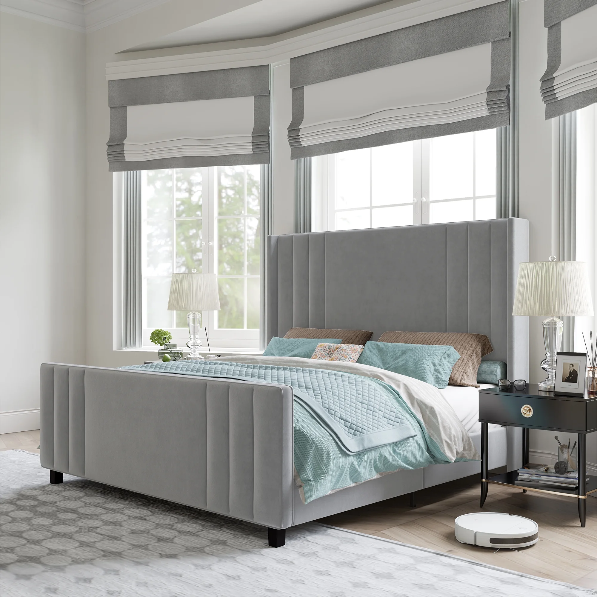 AMERLIFE Velvet Upholstered Queen Size Bed Frame with Headboard & Footboard/Wingback, Light Grey