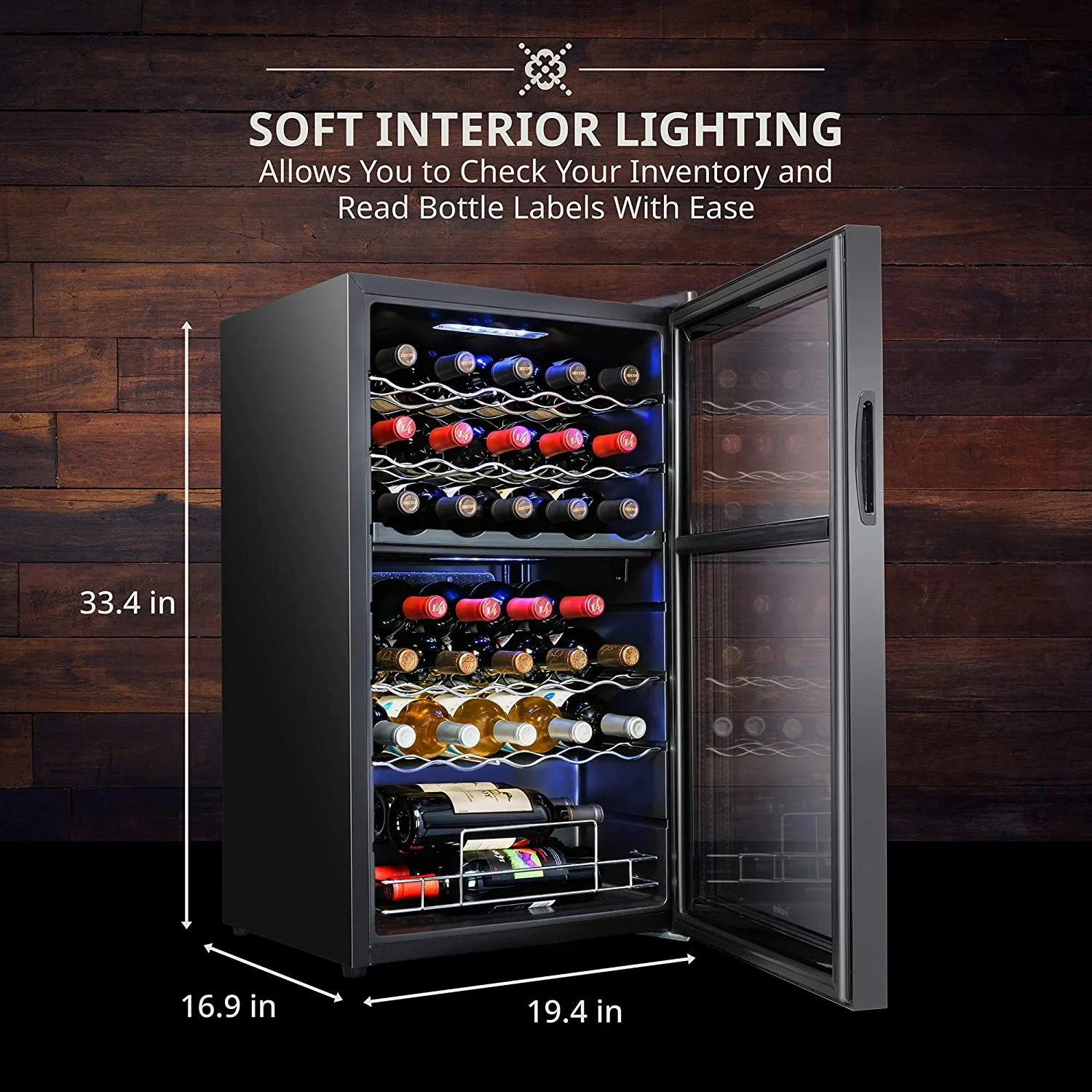 Ivation 33 Bottle Dual Zone Wine Cooler Refrigerator w/,Large Freestanding Wine Cellar Glass Door Black