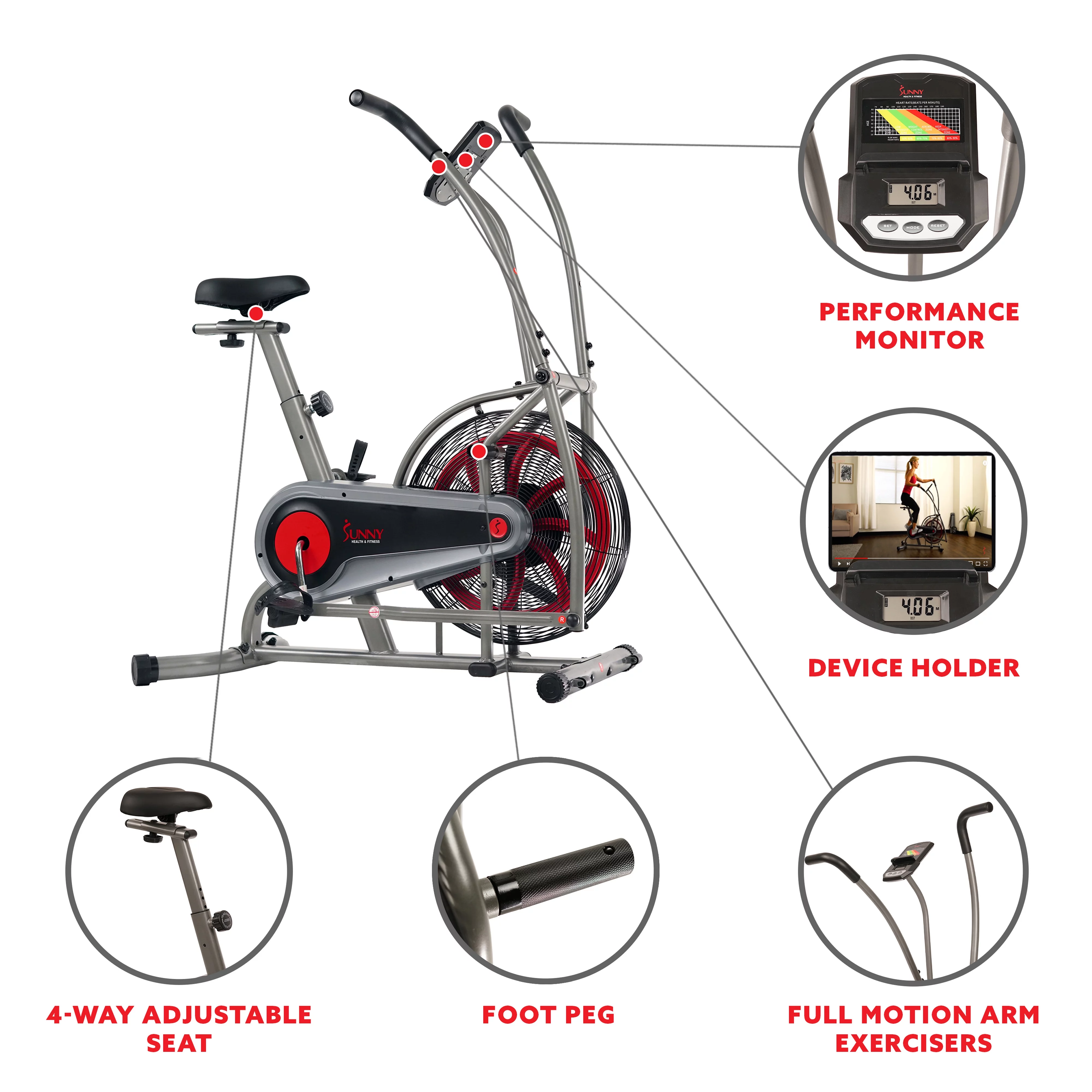 Sunny Health & Fitness Stationary Motion Fan Air Bike Exercise Machine, Indoor Home Cycling Trainer Static Bicycle, SF-B2916