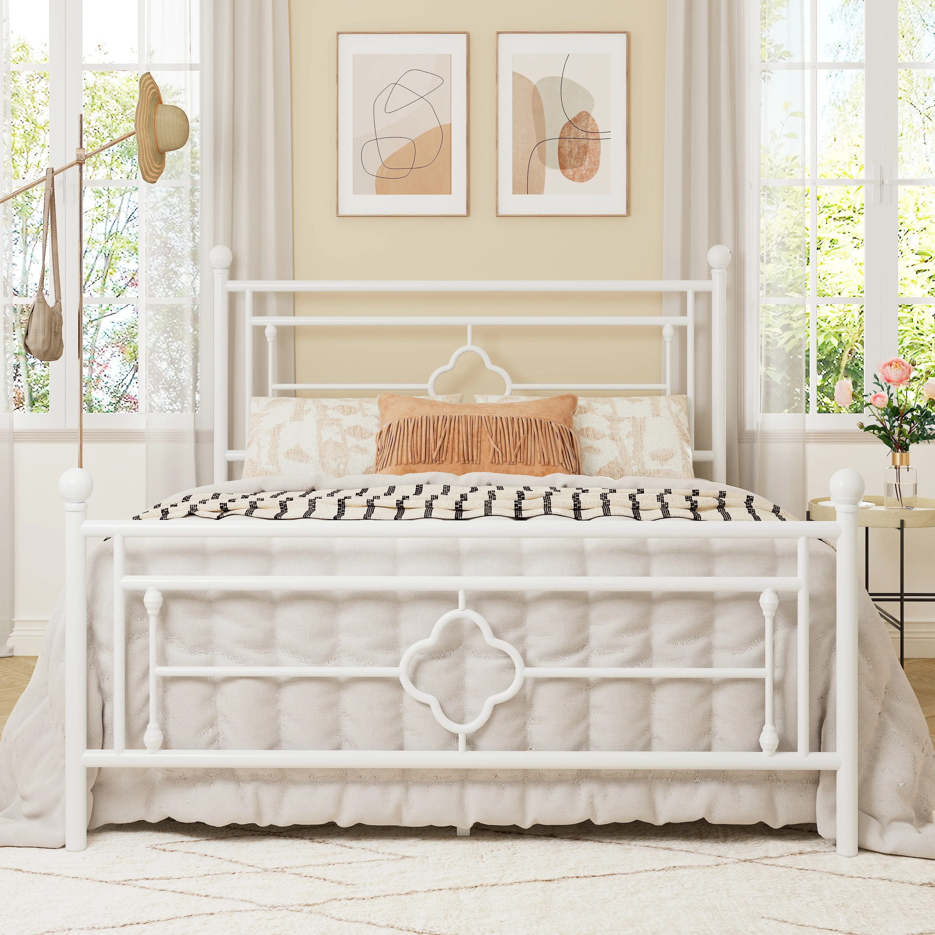 Allewie Queen Size Metal Platform Bed Frame with Victorian Vintage Headboard and Footboard, White