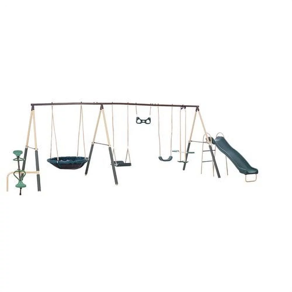 XDP Recreation Deerfield Metal Swing Set with Super Disc Swing, 6-ft Slide, Fun Glider & See-Saw