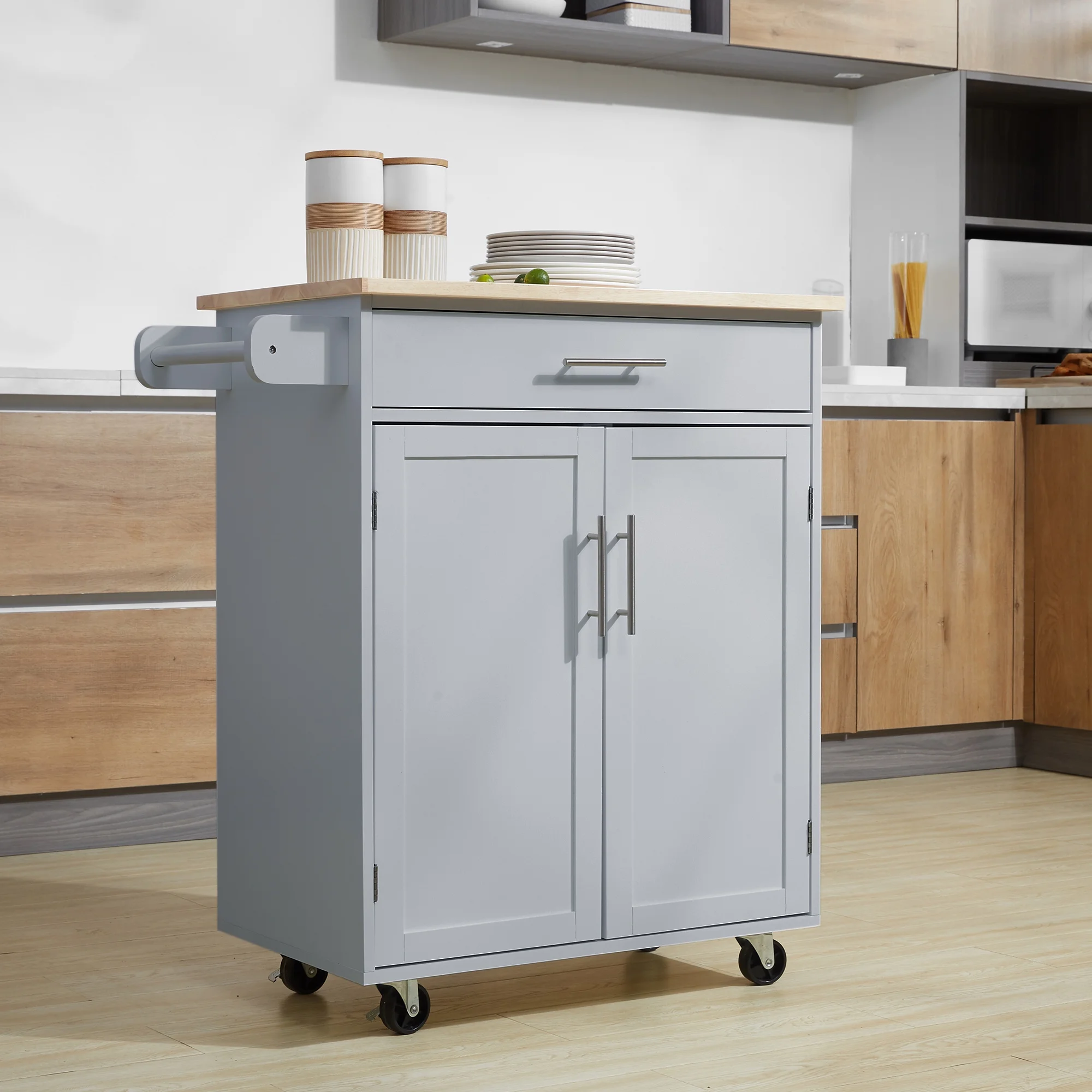 HOMCOM Kitchen Island Cart Rolling Trolley Cart with Drawer, Storage Cabinet & Towel Rack, Gray