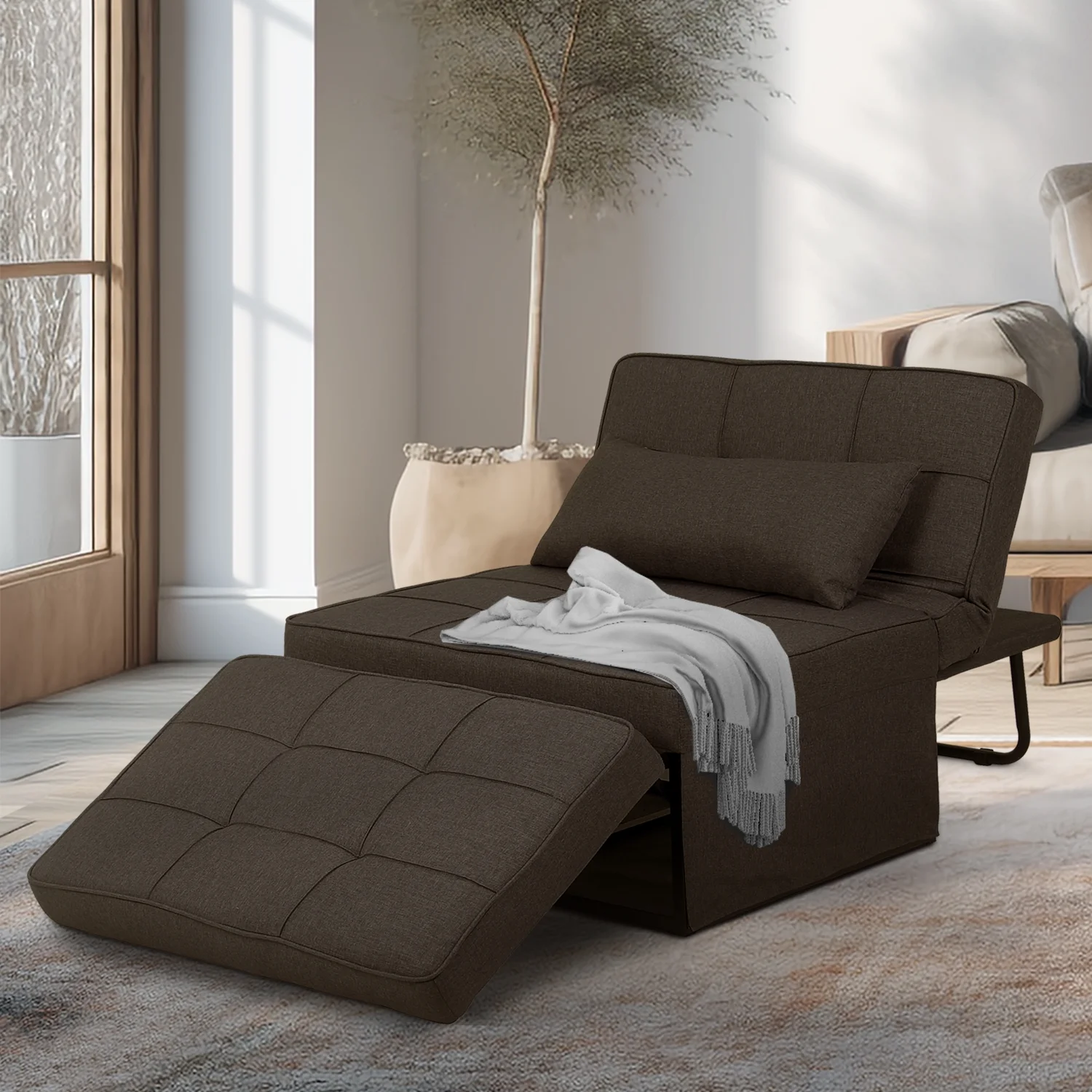 Ainfox Ottoman Chair Lounger Bed,4 in 1 Convertible Single Sofa Couch Futon Bed, 70.9''L x 33.9''W (Dark Brown)