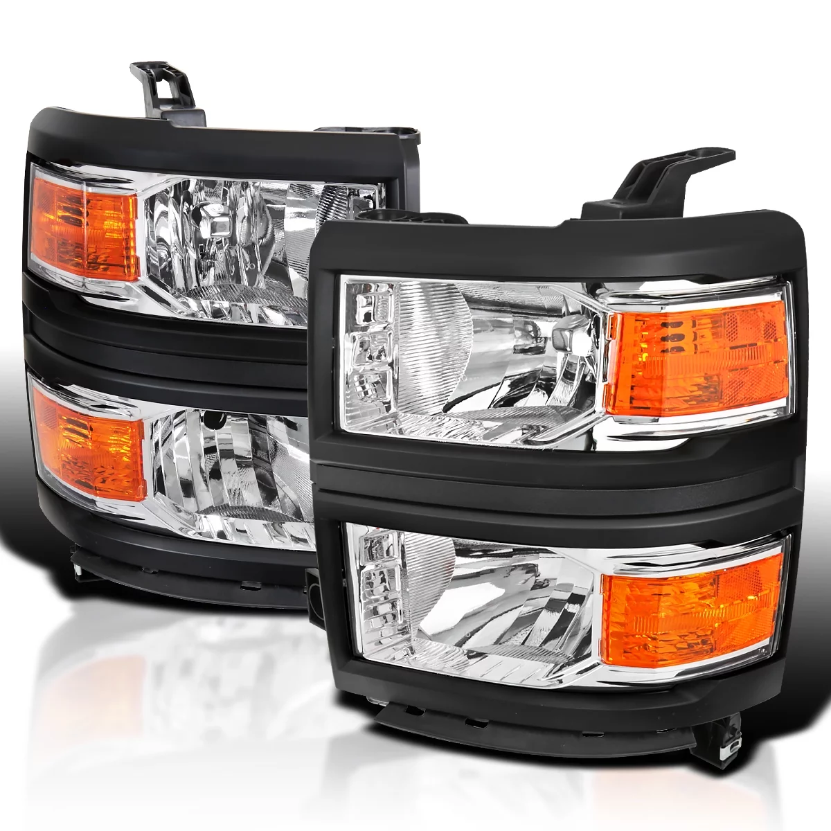Spec-D Tuning Chrome Headlights with Black Trim Compatible with 2014-2015 Chevy Silverado 1500 Left + Right Pair Head Lights Lamp Assembly