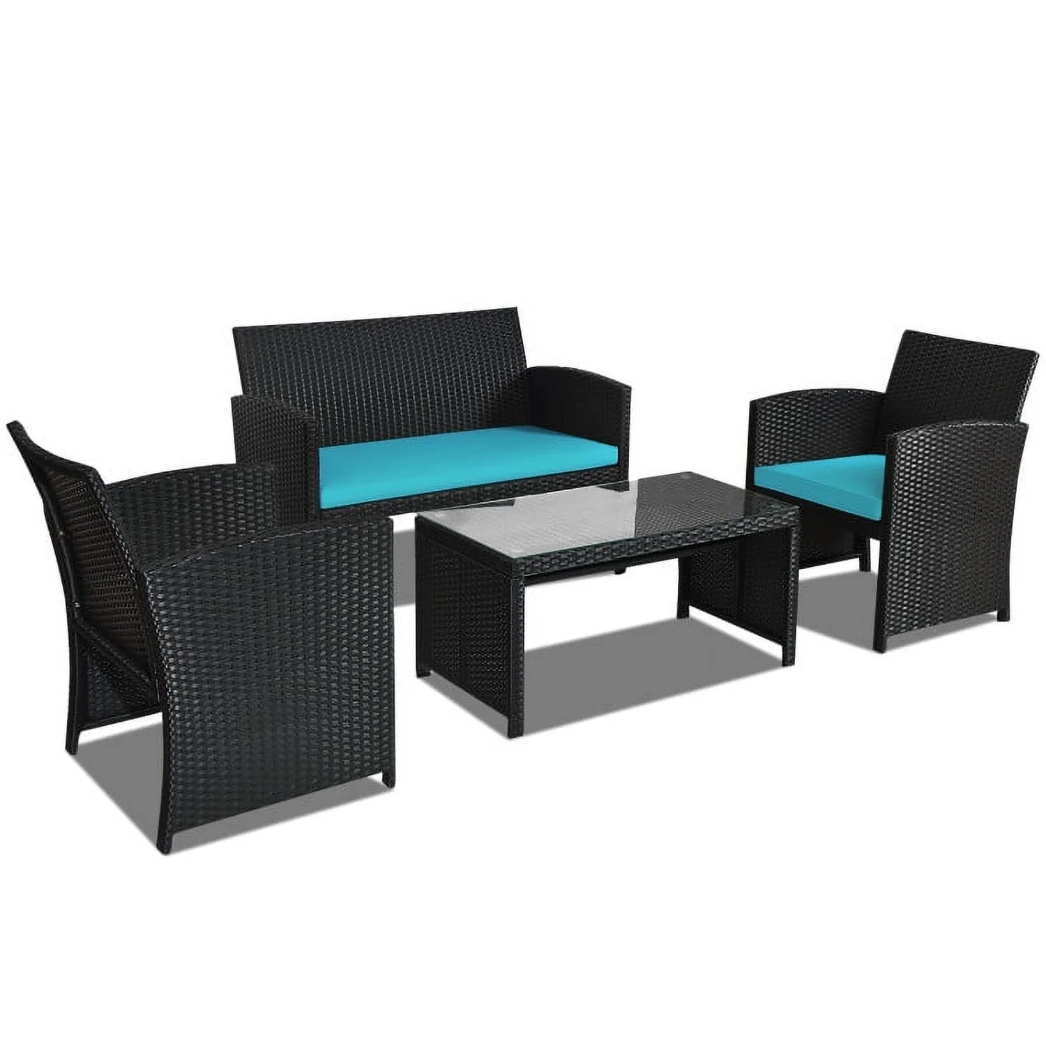 Yardi Yard 4 Pieces Patio Rattan Furniture Set, Outdoor Patio Furniture with Weather Resistant Cushions and Tempered Glass Tabletop-Turquoise