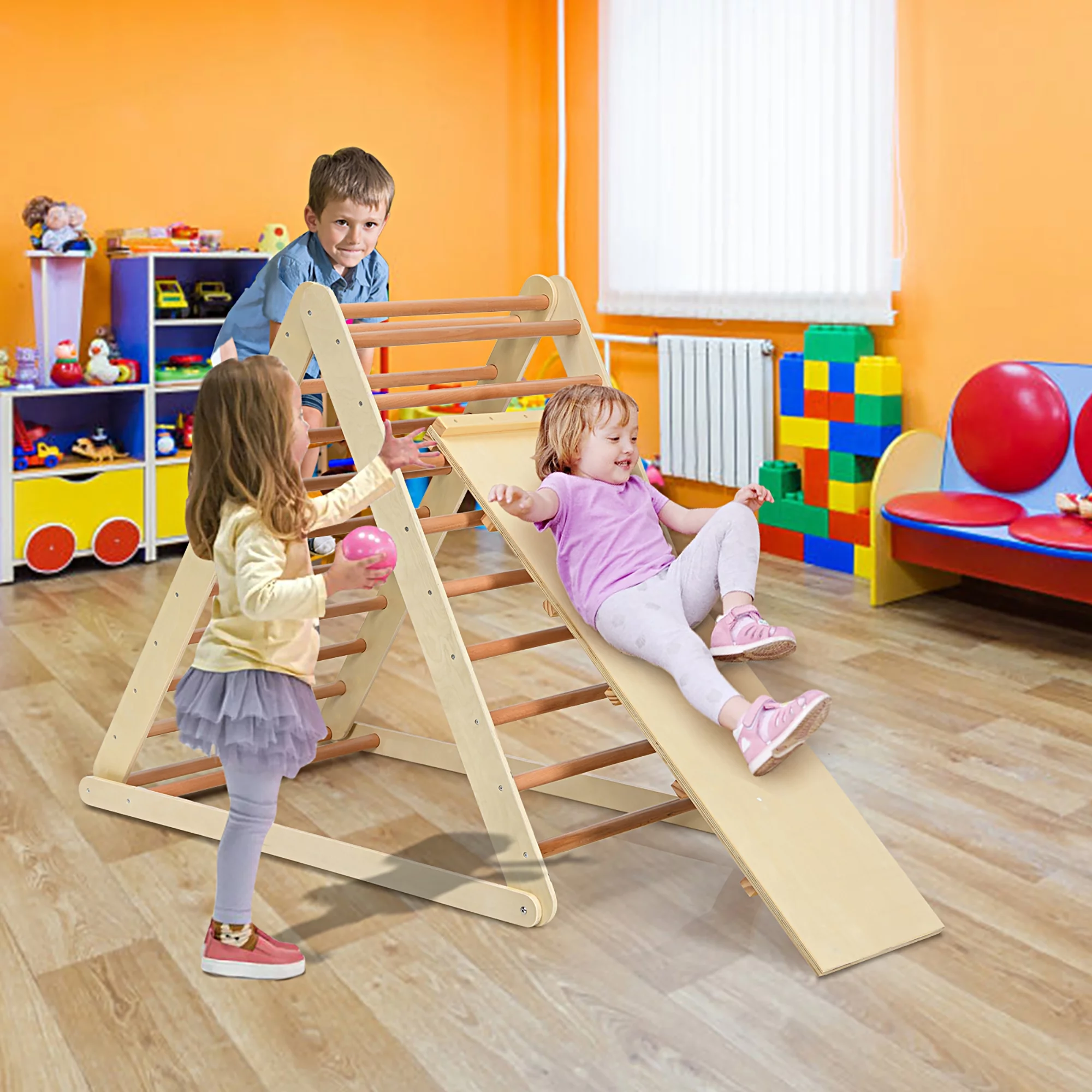 Costway Foldable Wooden Climbing Triangle Indoor Home Climber w/ Ladder for Toddler Baby