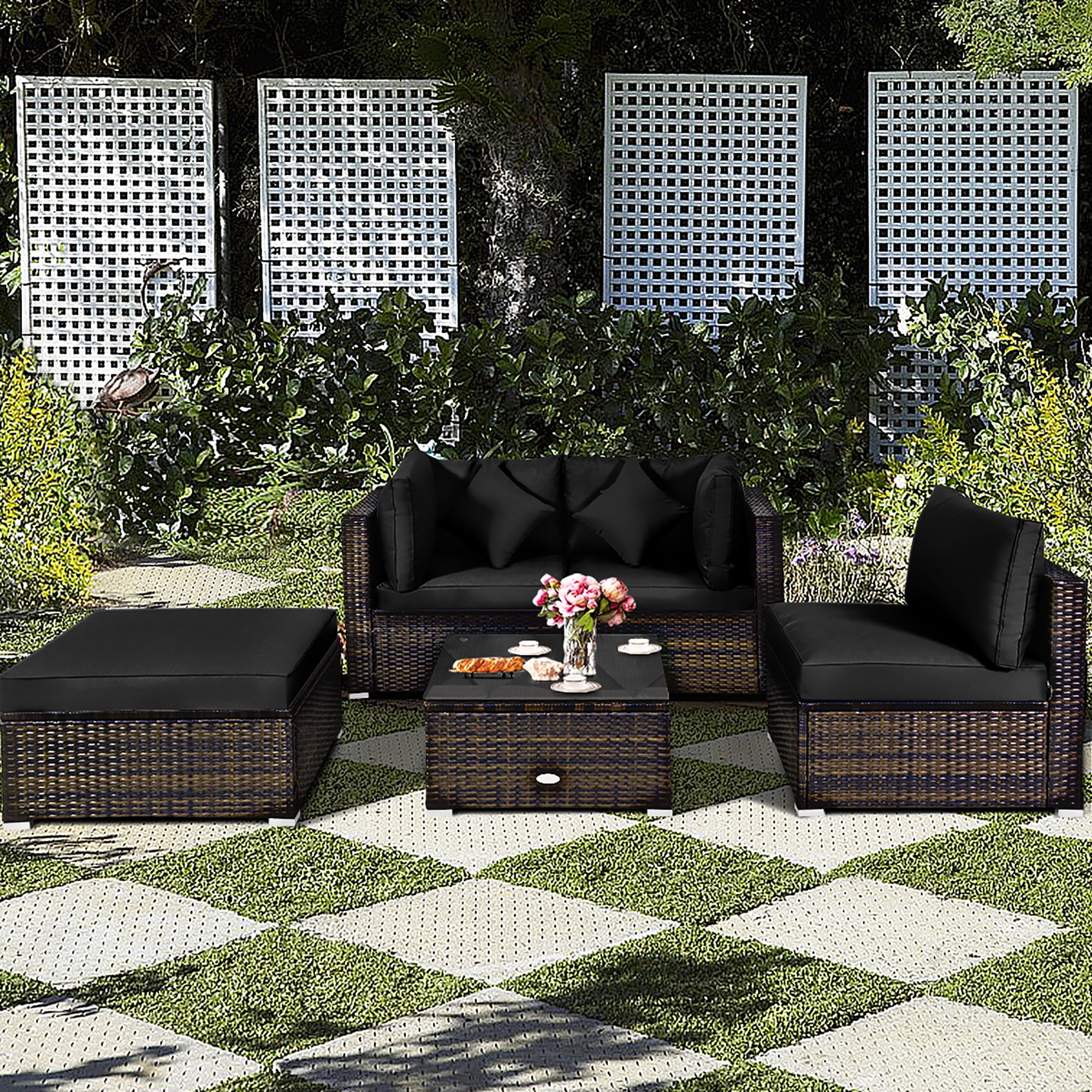 Costway 5PCS Outdoor Patio Rattan Furniture Set Sectional Conversation Black Cushion