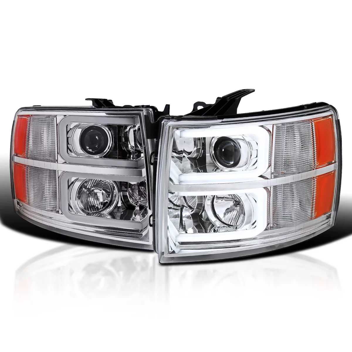 Spec-D Tuning LED Light Bar Projector Headlights Compatible with 2007-2013 Chevy Silverado 1500 2500 HD 3500 HD, Left + Right Pair Headlamps Assembly