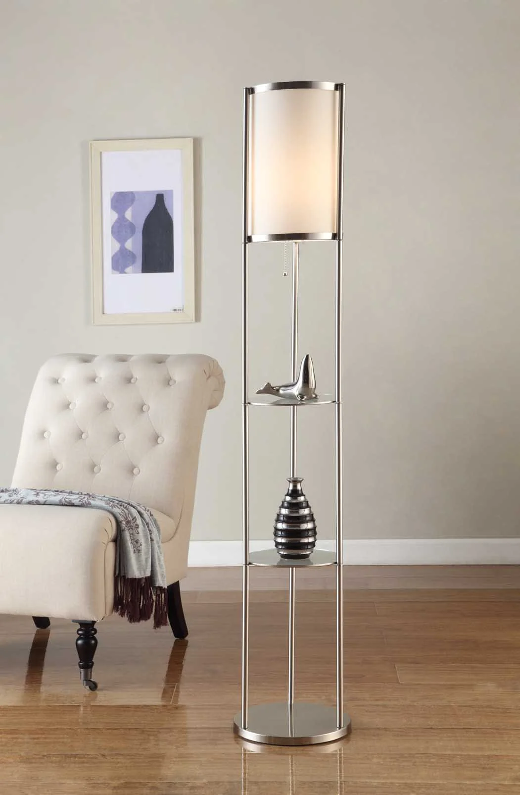 Artiva USA Exeter, Modern Design, 63-Inch Brushed Steel Finish Durable Glass Display Shelf Floor Lamp with Smooth Silk Shade