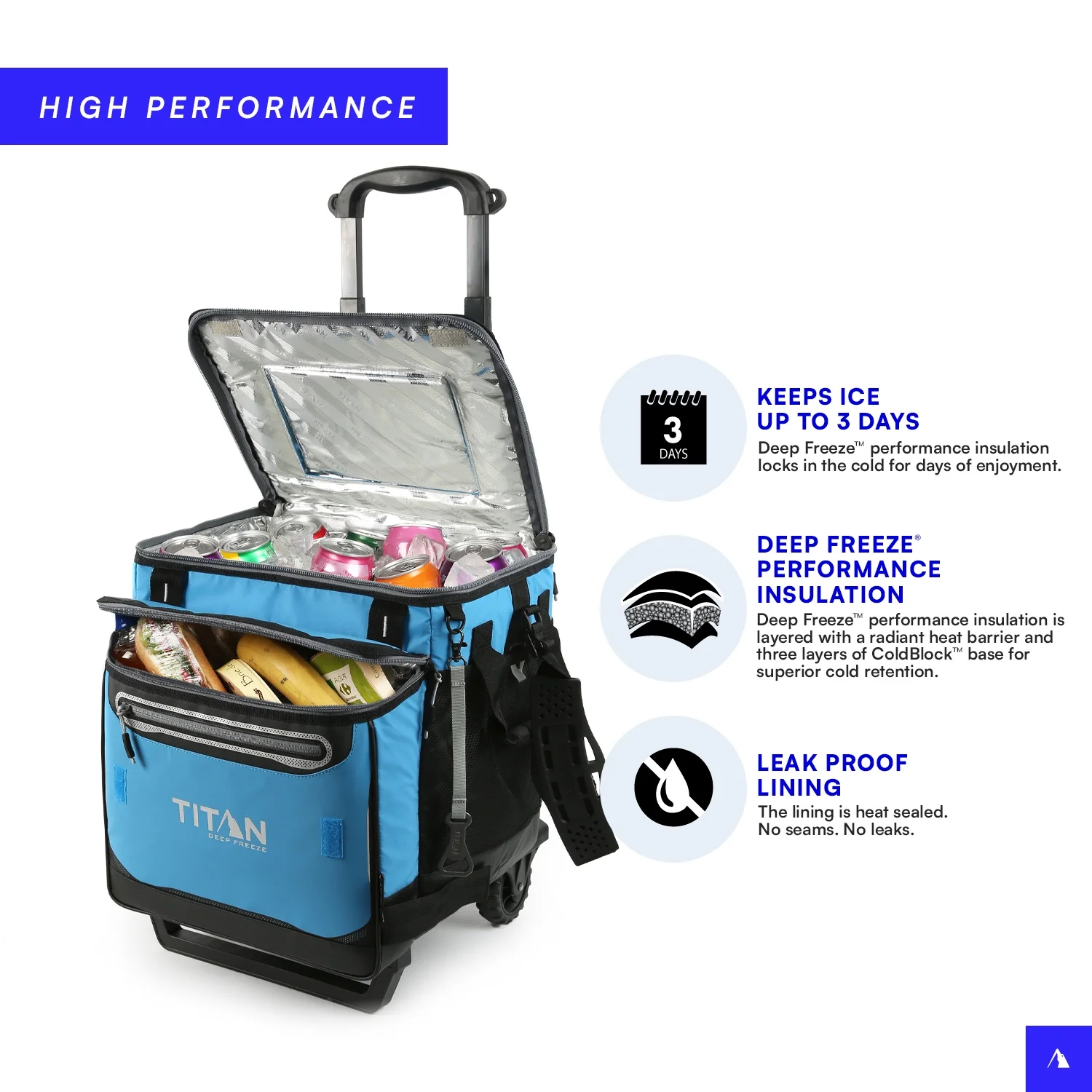 Arctic Zone® Titan Deep Freeze® 60(50+10) Can/40 Quart Wheeled Cooler - Process Blue