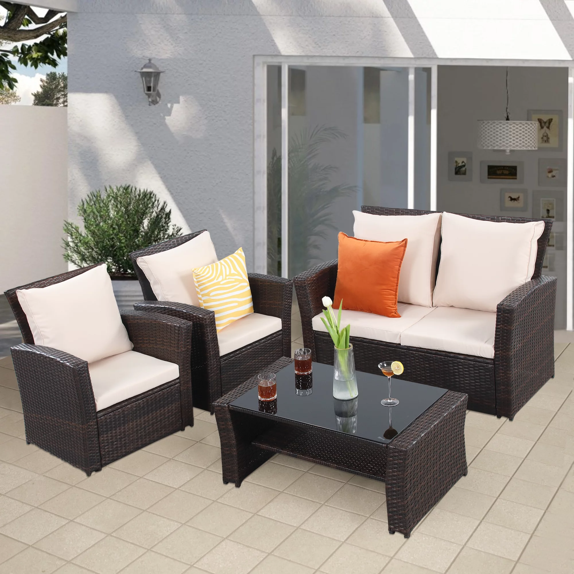 Superjoe 4 Pcs Outdoor Patio Furniture Sets, Wicker Rattan Conversation Set with Coffee table, Brown