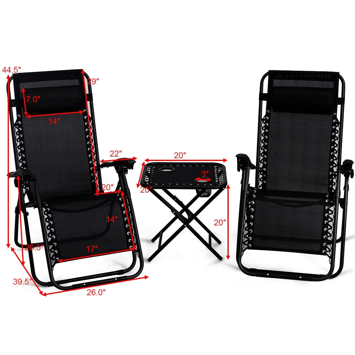 Gymax 3PC Zero Gravity Reclining Lounge Chairs Table Pillows Folding Portable Black