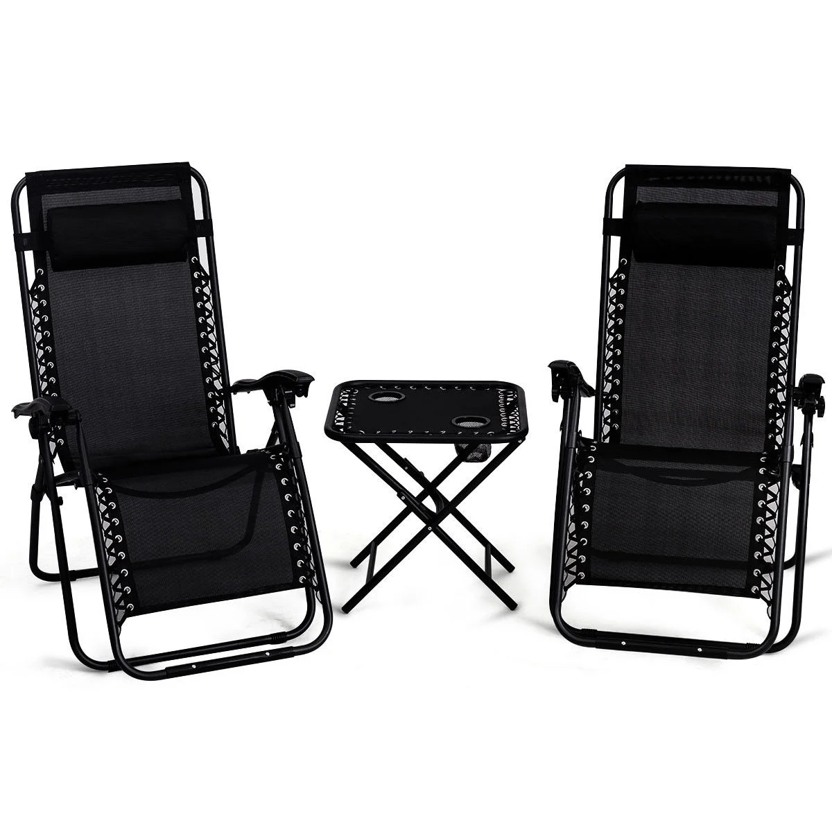 Gymax 3PC Zero Gravity Reclining Lounge Chairs Table Pillows Folding Portable Black