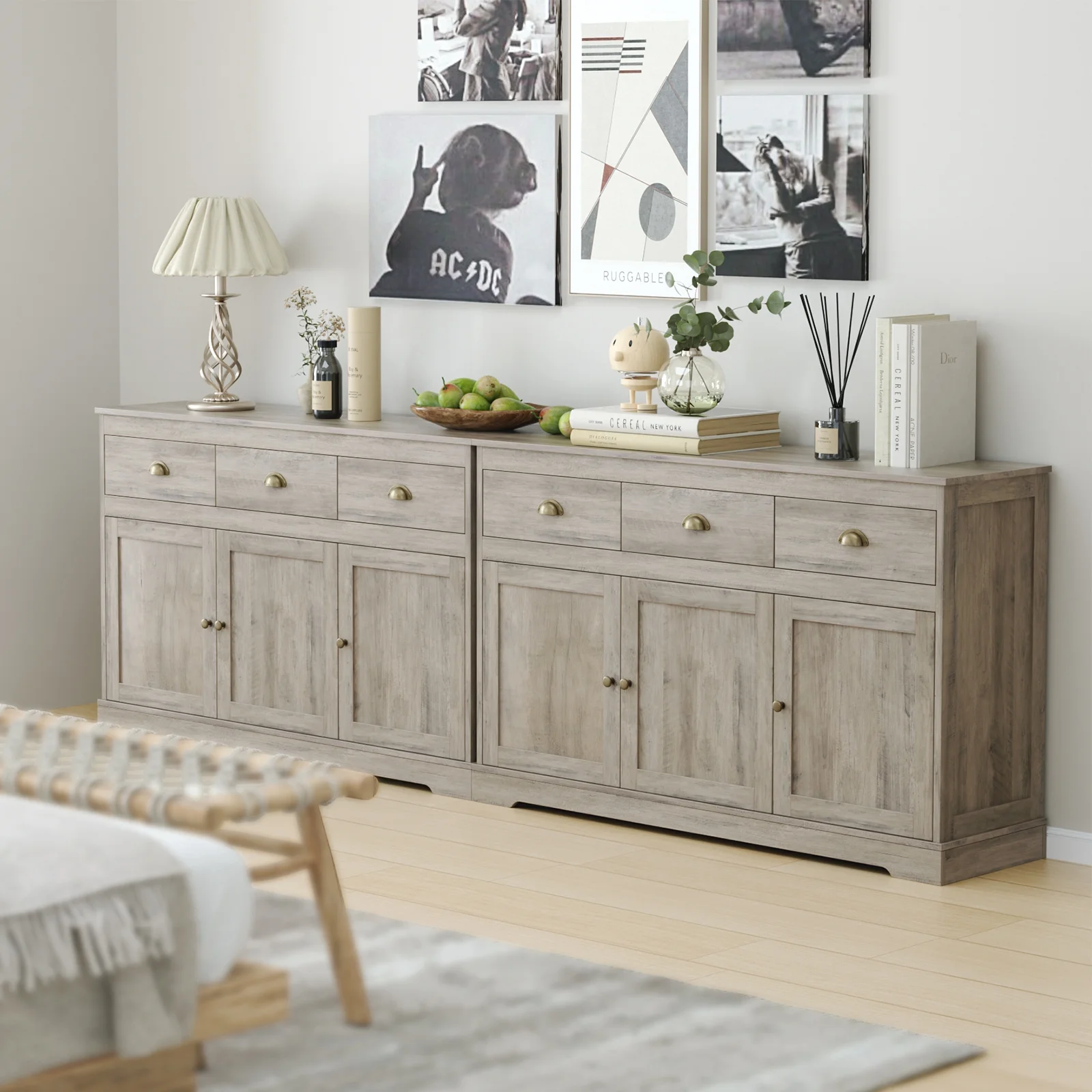 Homfa Sideboard Storage Cabinet with 3 Drawers & 3 Doors, 53.54'' Wide Buffet Cabinet for Dining Room, Gray