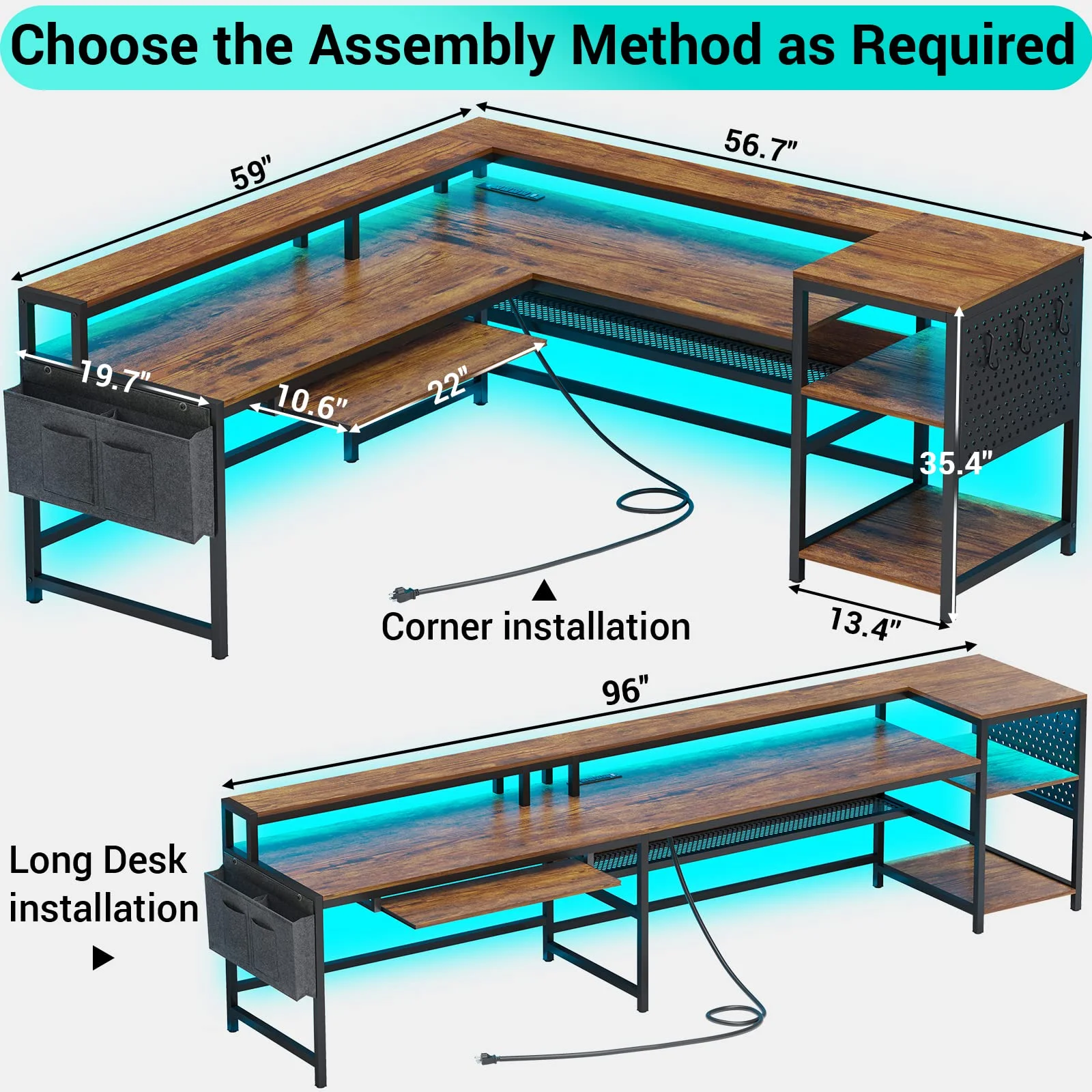 L Shaped Computer Desk with Power Outlets&LED Strip, Reversible Gaming Desk with Pegboard and Keyboard Tray for Home Office, Rustic Brown