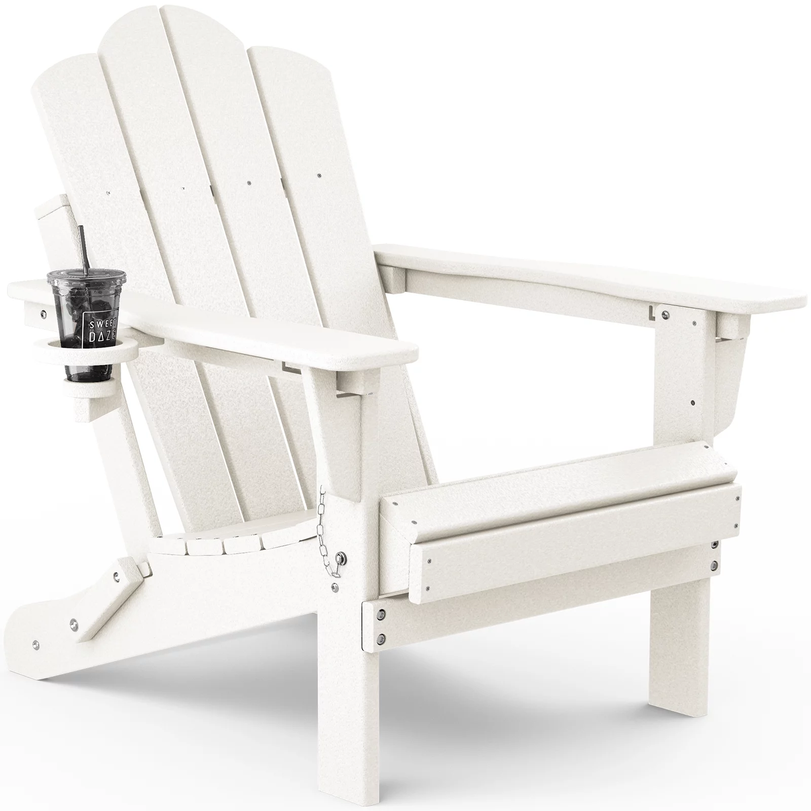 JEAREY Folding Adirondack Chair with Cup Holder, Adjustable Backrest Outdoor Plastic Patio Chair,White