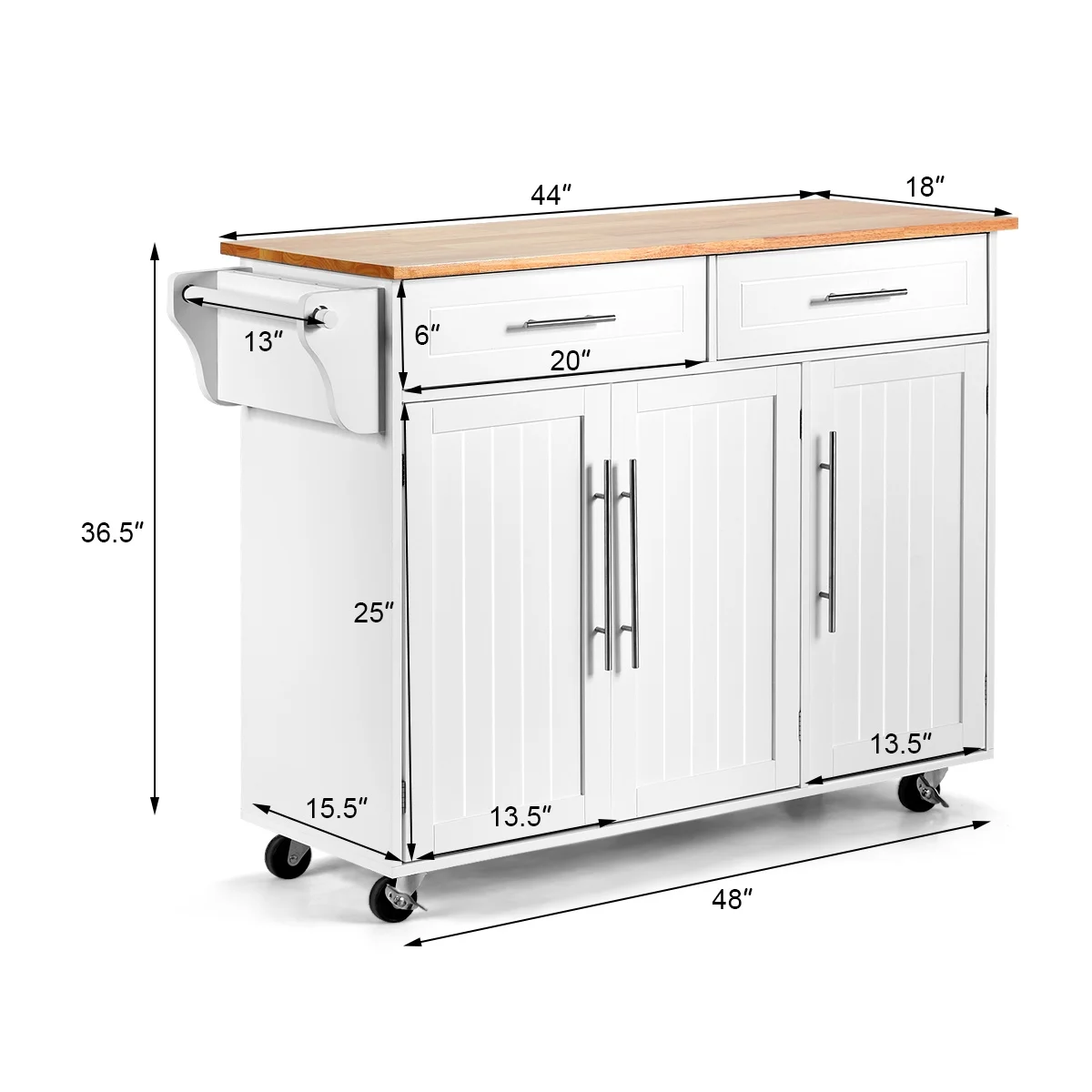 Costway Kitchen Island Trolley Cart Wood Top Rolling Storage Cabinet w/Knife Block White
