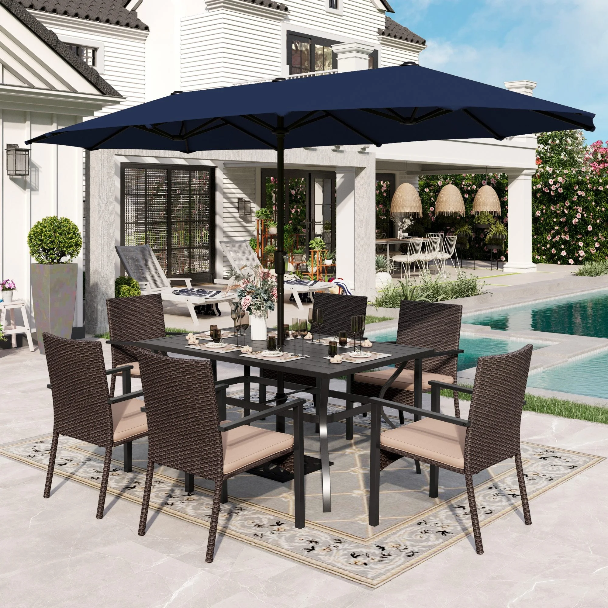 Sophia & William 8-Piece Outdoor Patio Dining Set with 13 ft Umbrella, Rattan Chairs & Rectangle Table Set for 6, Navy Umbrella