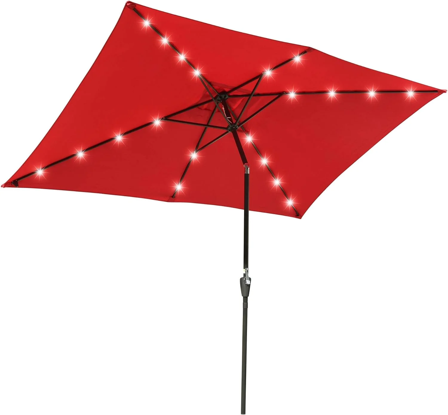 Red Outdoor Patio Beach Market Aluminium Umbrella Sun Shade Solar Powered LED Crank Tilt