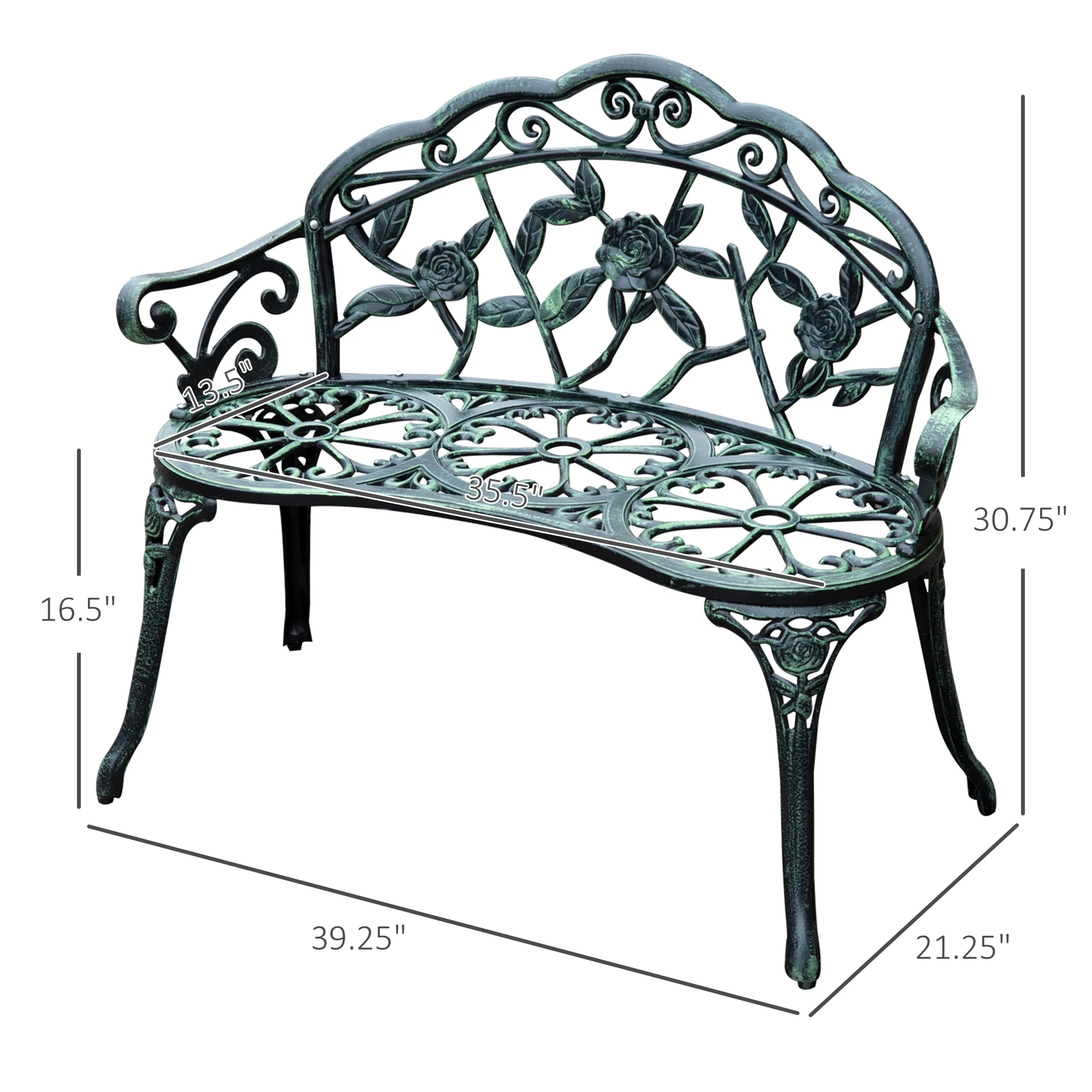 Outsunny Outdoor Bench, Cast Aluminum Rose Outdoor Furniture, Metal Bench with Floral Rose Accent & Antique Finish, Green