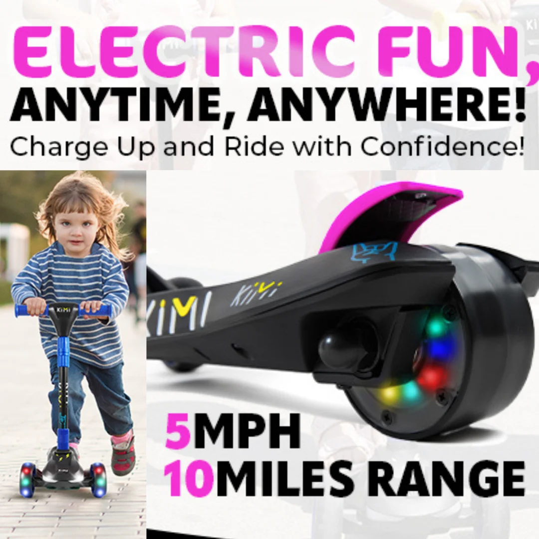 KIMI Electric Scooter 3-Wheel+Charger, Kids 3-7 Adjust, TSA OK, 5MPH, Lights, 10Miles