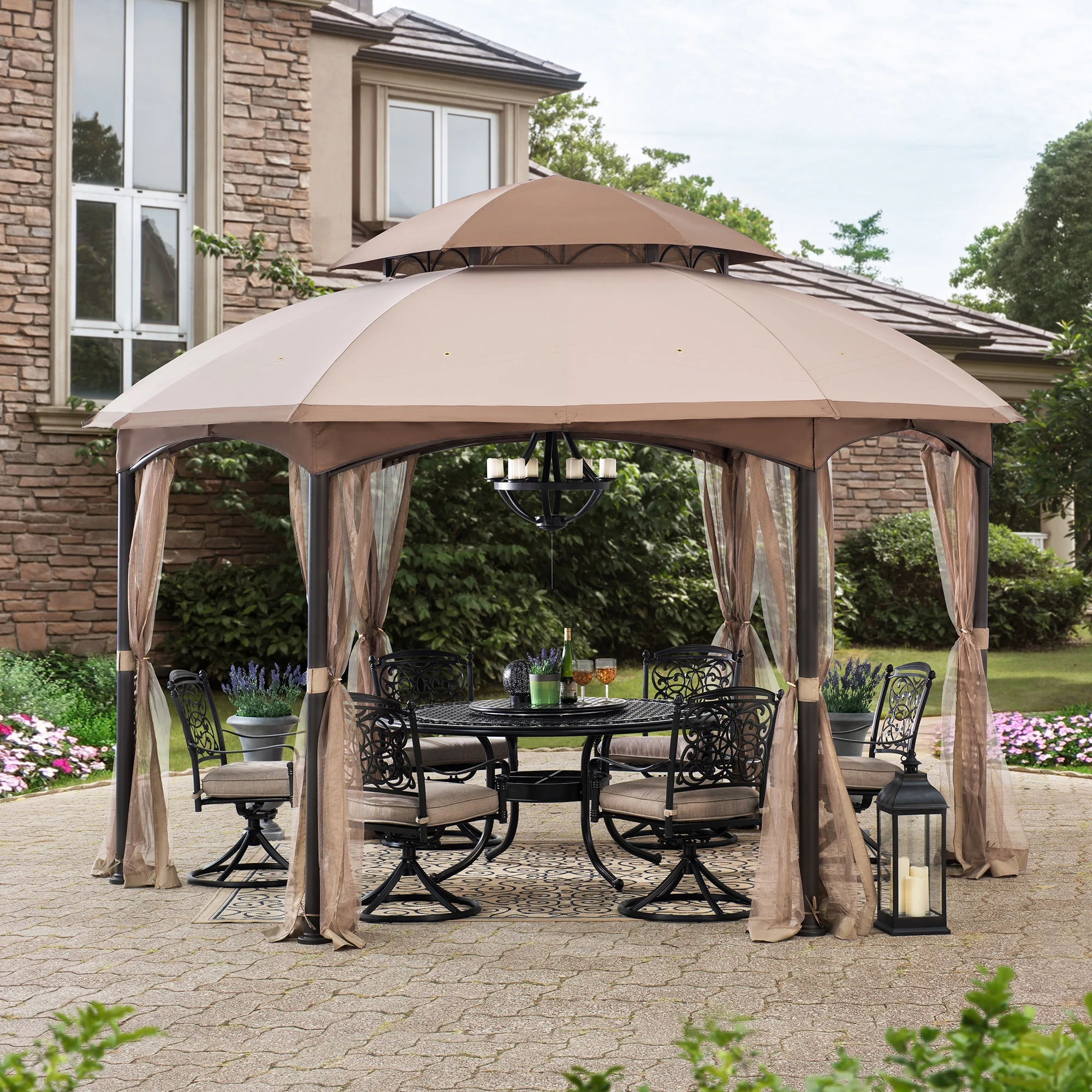 Sunjoy Dome 13.5 x 13.5 ft. 2 Tier Fabric Topped Steel Gazebo, Screened Gazebos, Soft-top Gazebos, Brown