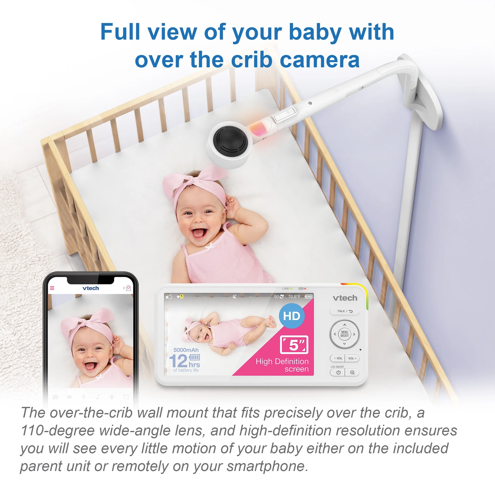 VTech 1080p WiFi Smart Nursery Remote Access Over-the-Crib View Video Baby Monitor with 5” High Definition 720p Display, Night Light, RM5887HD (White)