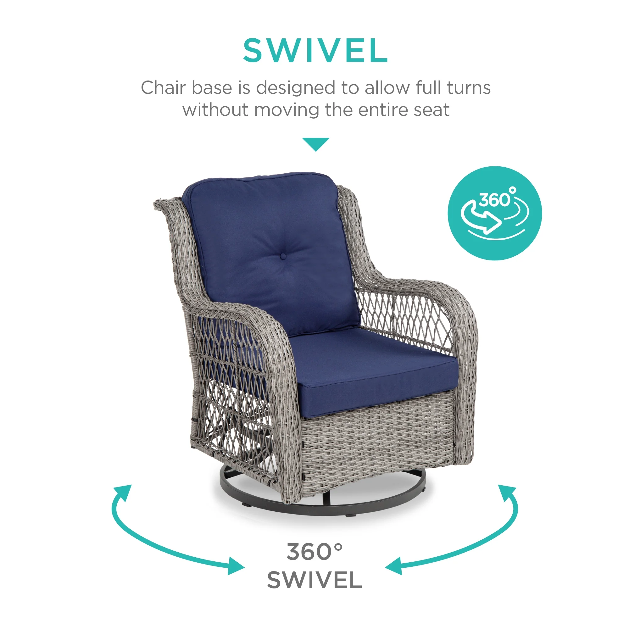 Best Choice Products 3-Piece Patio Wicker Bistro Furniture Set w/ 2 Cushioned Swivel Rocking Chairs, Side Table - Navy