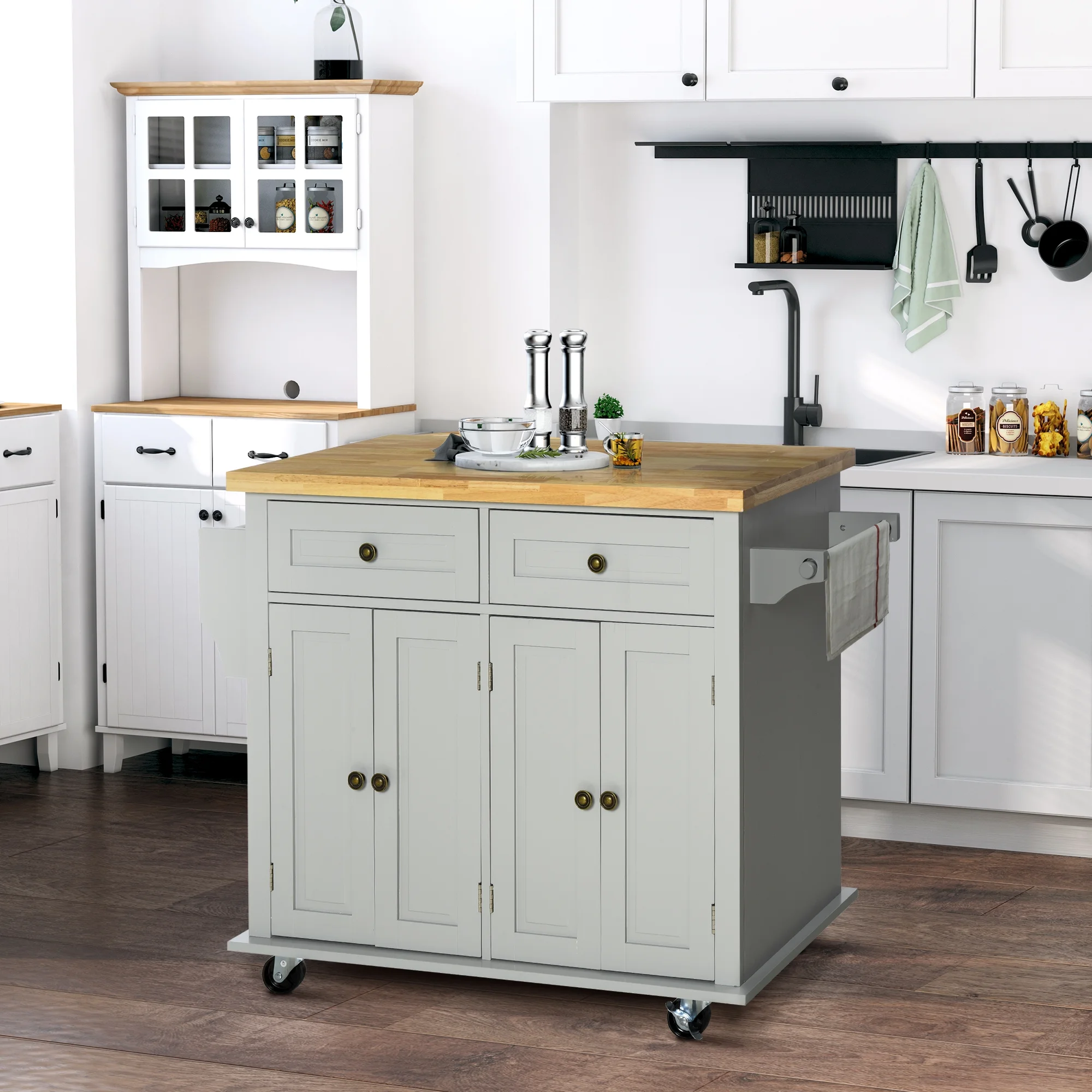 CoSoTower Kitchen Island on Wheels, Rolling Cart with Rubberwood Top, Spice Rack, Towel Rack and Drawers for Dining Room, Grey