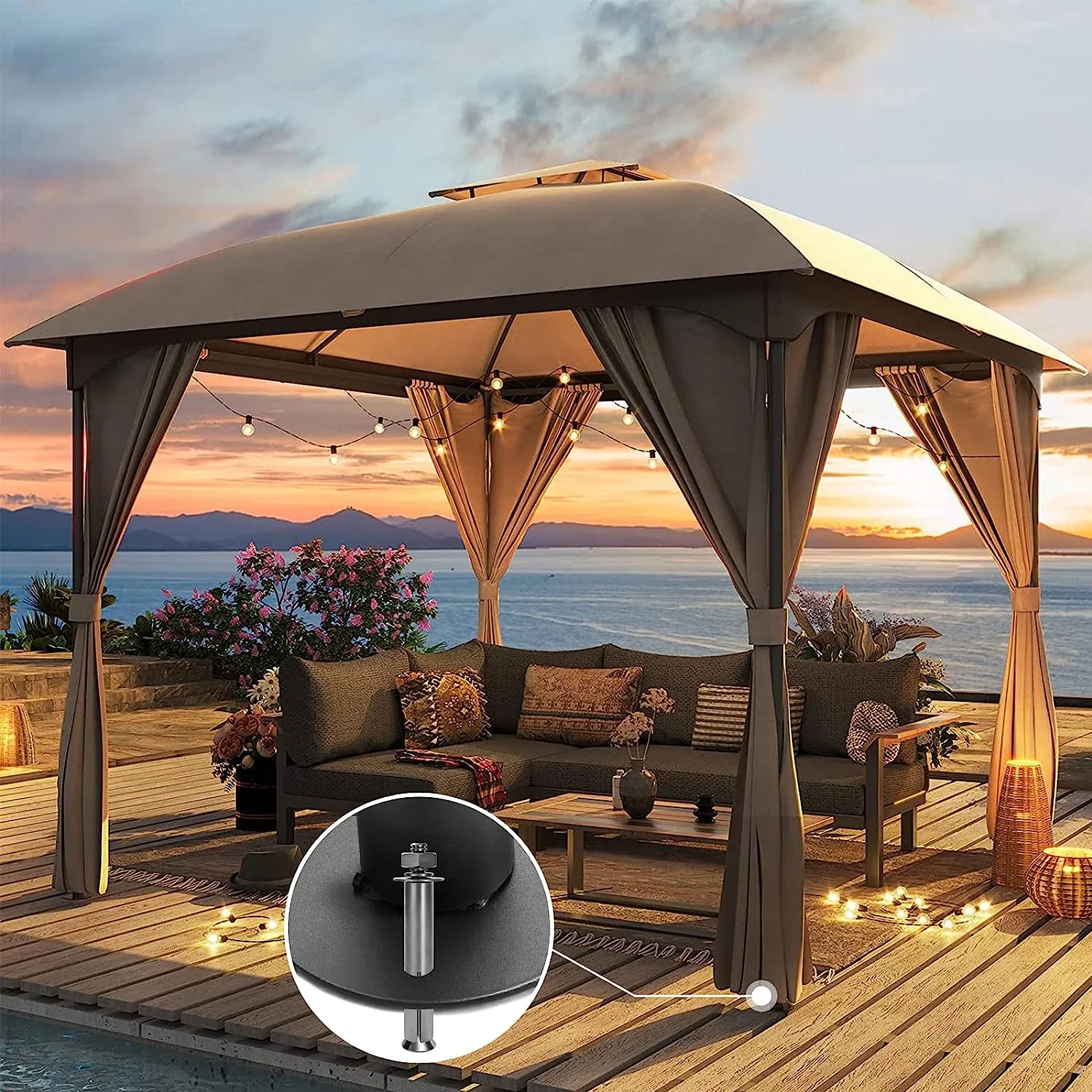 LAUSAINT HOME 10'x10' Outdoor Gazebo, Unique Arc Roof Design and Privacy Curtains Included, Khaki