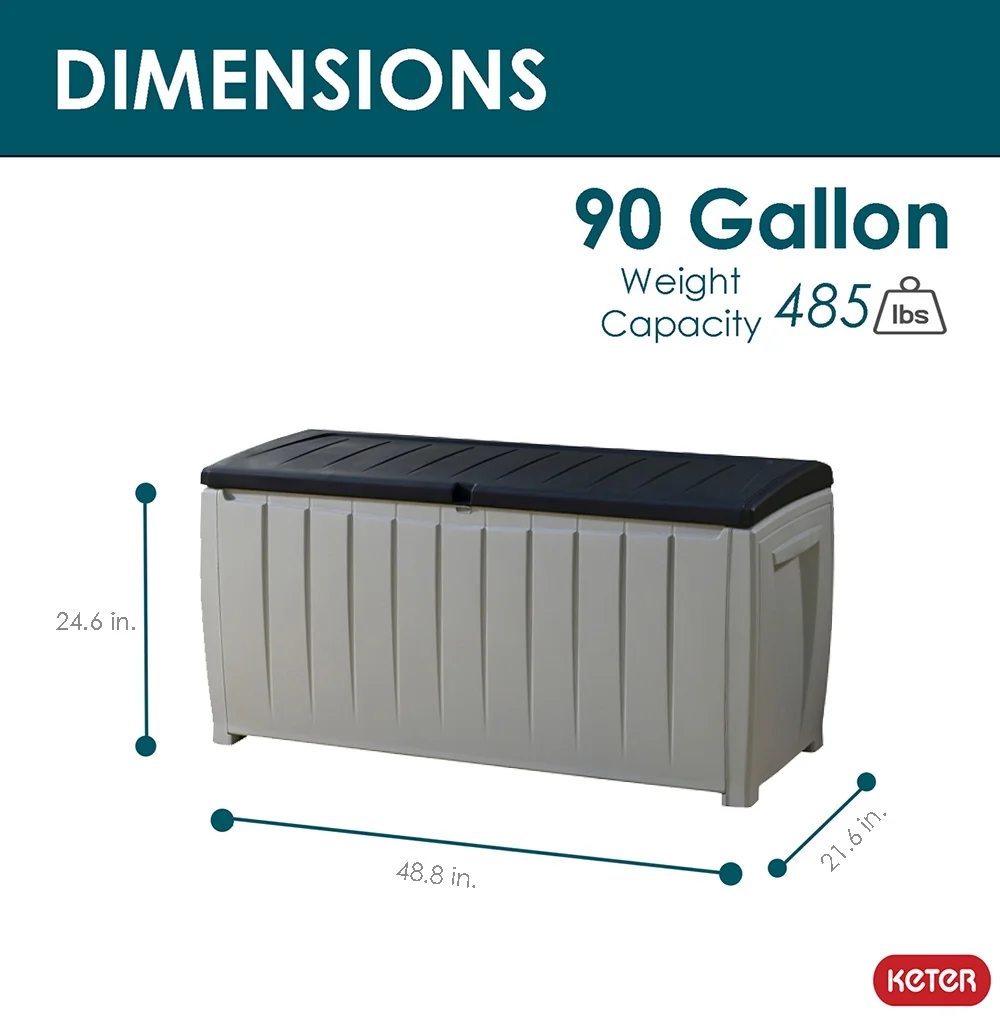 Keter Novel 90 Gallon Durable Weatherproof Resin Deck Box Organization and Storage for Outdoor Patio and Lawn, Black and Gray