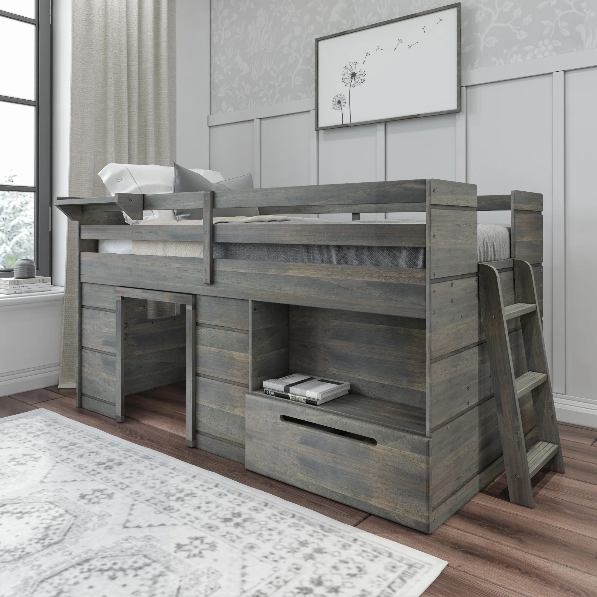 Max & Lily Modern Farmhouse Low Loft Bed with Storage Drawer, Solid Wood Bed for Kids