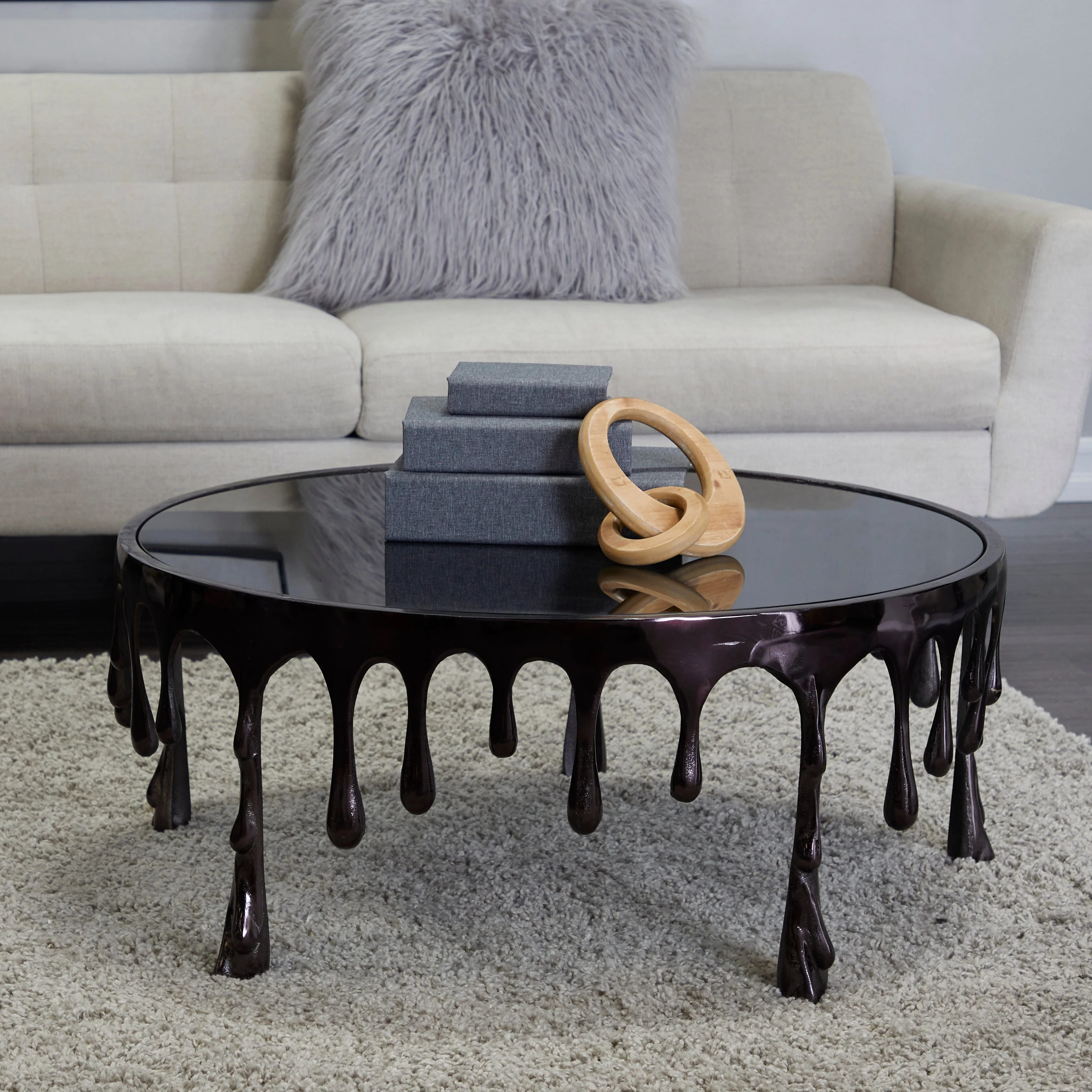 Studio 350 Aluminum Metal Accent, Console, and Coffee Table Collection with Drip Melting Design and Smoke Shaded Glass Top Multiple Colors Black -