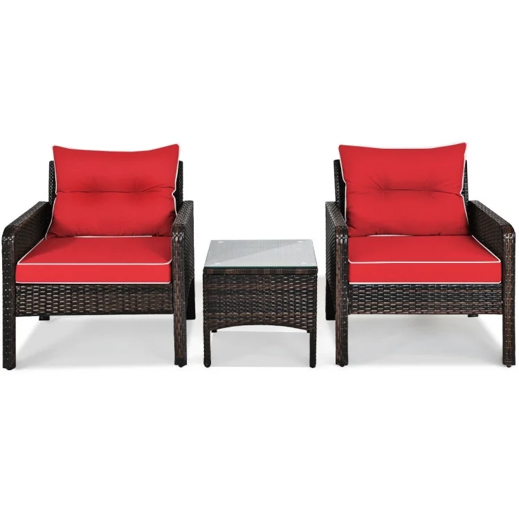 Topcobe 3 Pieces Outdoor Rattan Wicker Loveseat Furniture Set with Cushions, Small Patio Set, Red