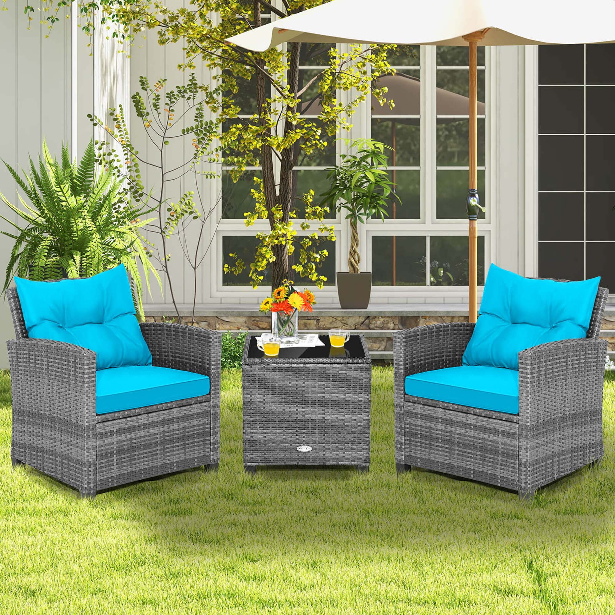 Costway 3 PCS Patio Rattan Furniture Bistro Set Cushioned Sofas Side Table Armrest Turquoise