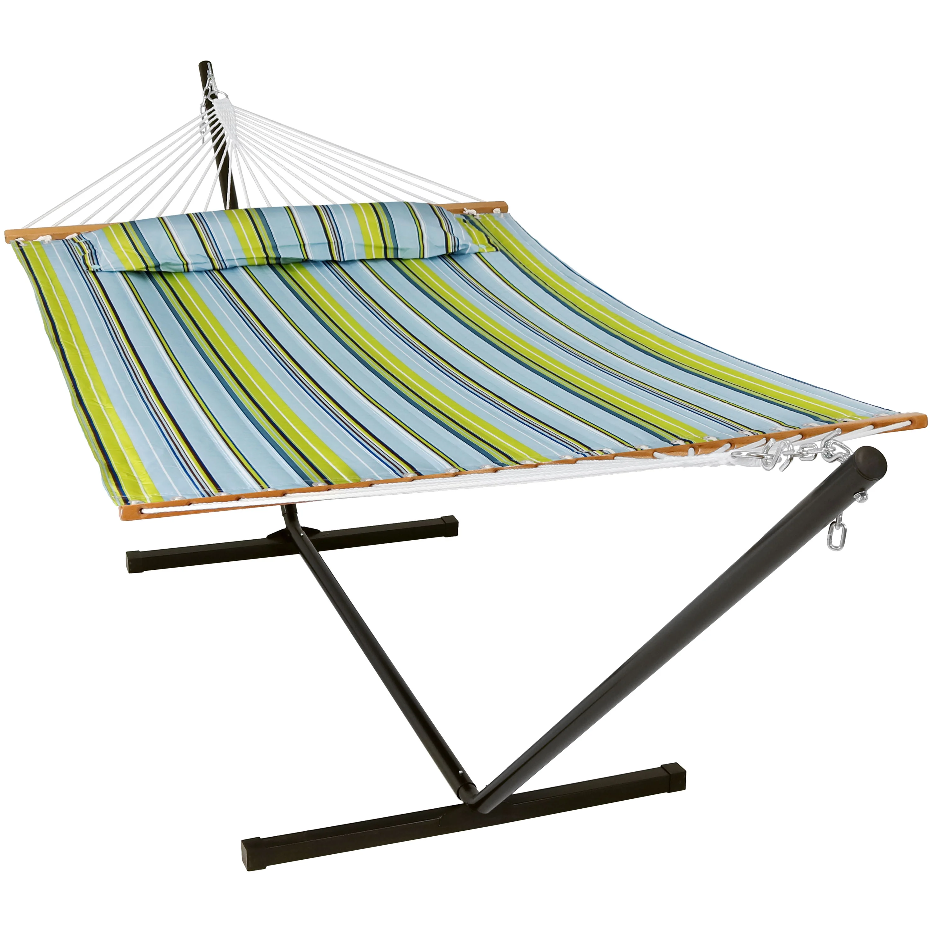 Sunnydaze 2-Person Freestanding Quilted Fabric Hammock with 12' Stand - Blue and Green