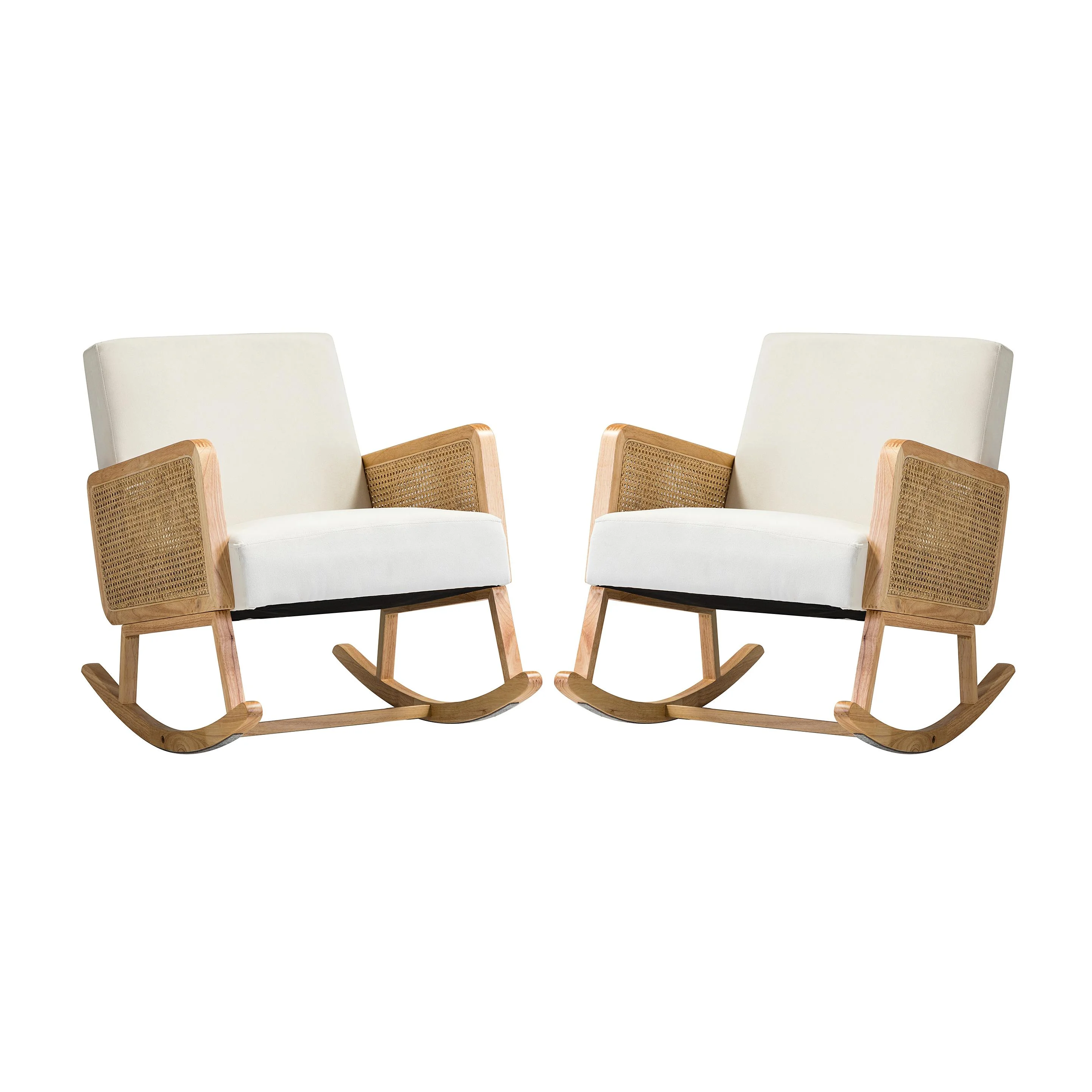 Rocking Accent Chair Rattan Arms for Leisure Time Modern Comfy Upholstered Glider Rocker Armchair Nursery Bedroom Set of 2 Beige