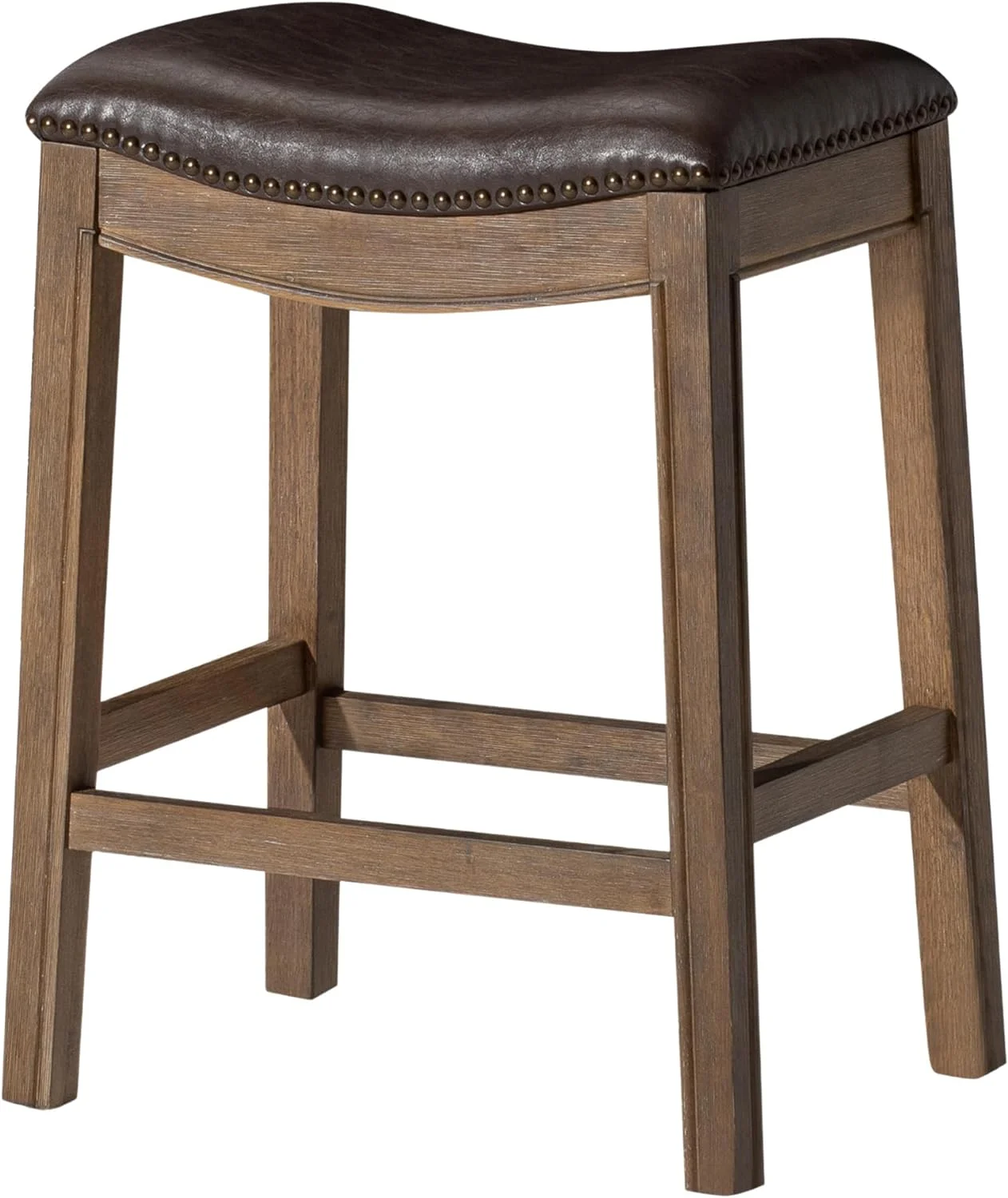 Adrien 26 Inch Counter Height Backless Saddle Barstool in Weathered Oak Finish with Avanti Bone Vegan Leather Cushion Seat