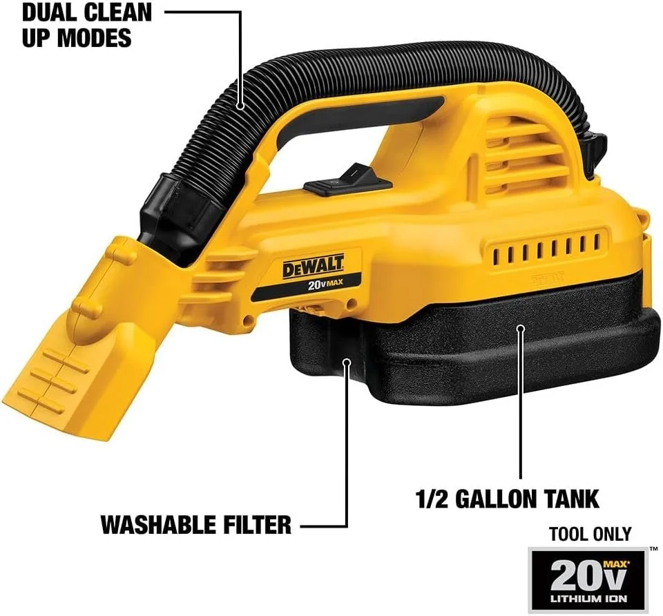 DEWALT 20V MAX Hand Vacuum, Cordless, for Wet or Dry Surfaces, 1/2-Gallon Tank, Washable Filter, Portable, Bare Tool Only DCV517B